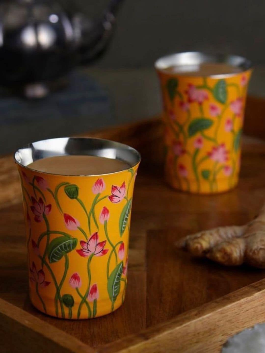

Indikluster Orange 2 Pieces Floral Printed Stainless Steel Glossy Glasses