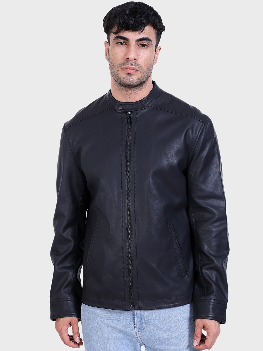 

Justanned Stand Collar Biker Jacket, Black