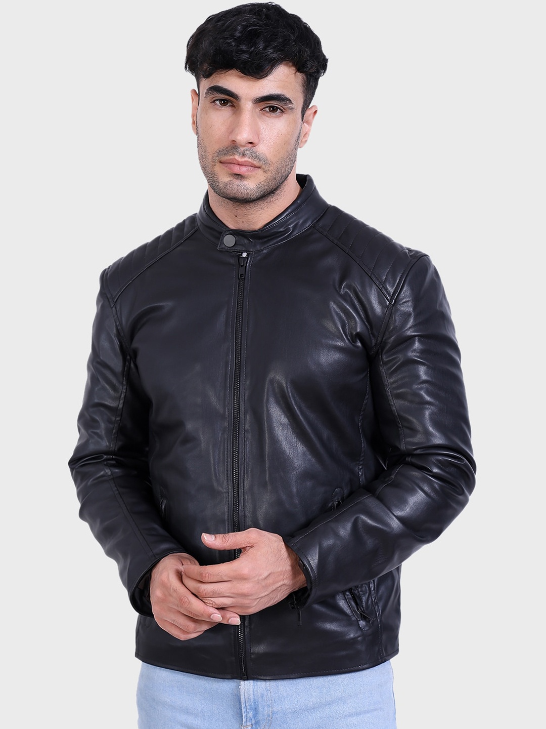 

Justanned Faux Leather Stand Collar Biker Jacket, Black