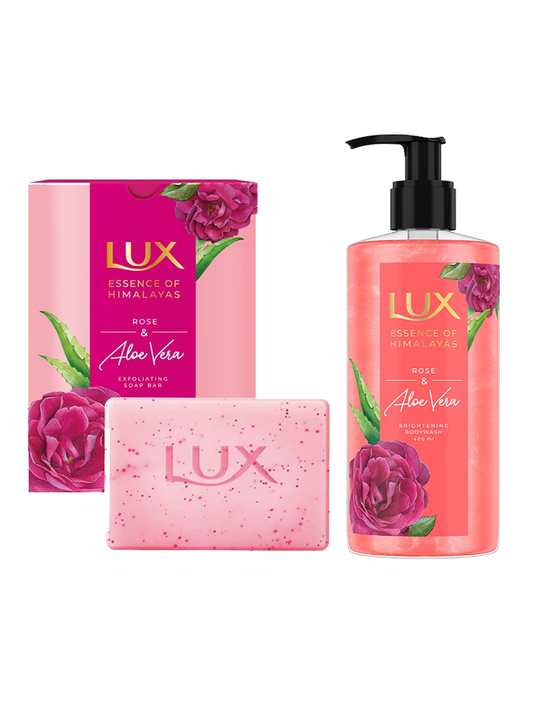 

LUX Essence Of Himalayas Rose & Aloe Vera Body Wash 400ml & 5 Pcs Soap Bars- 125g Each, Pink