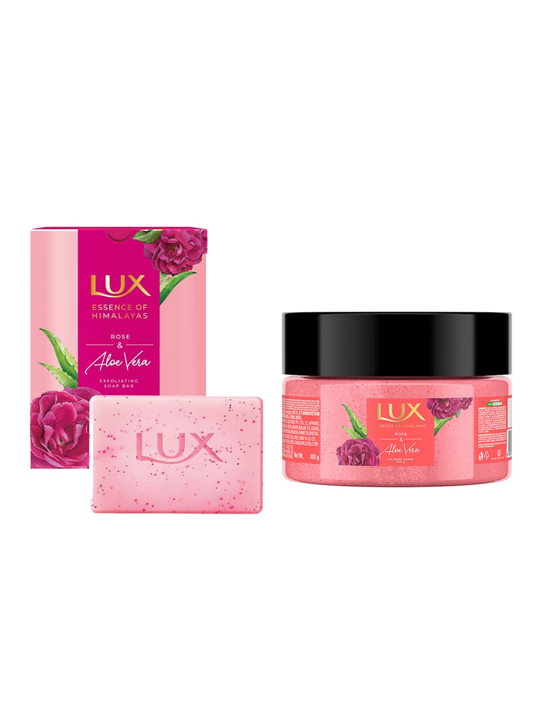 

LUX Essence Of Himalayas Rose & Aloe Vera Gel Body Scrub 300g & 5 Pcs Soap Bars- 125g Each, Pink