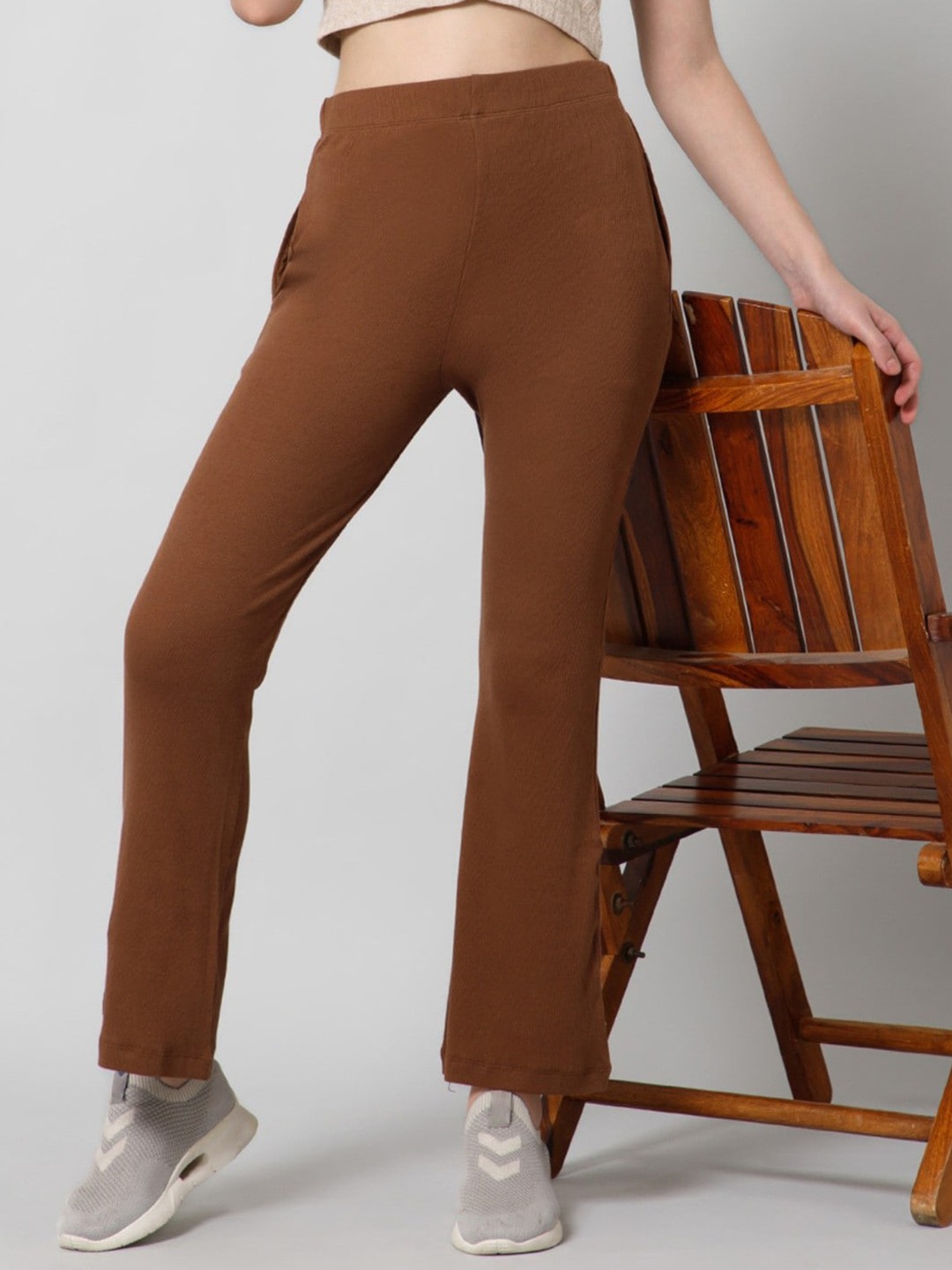 

House Of Zelena Women High Rise Plain Cotton Bootcut Trousers, Brown