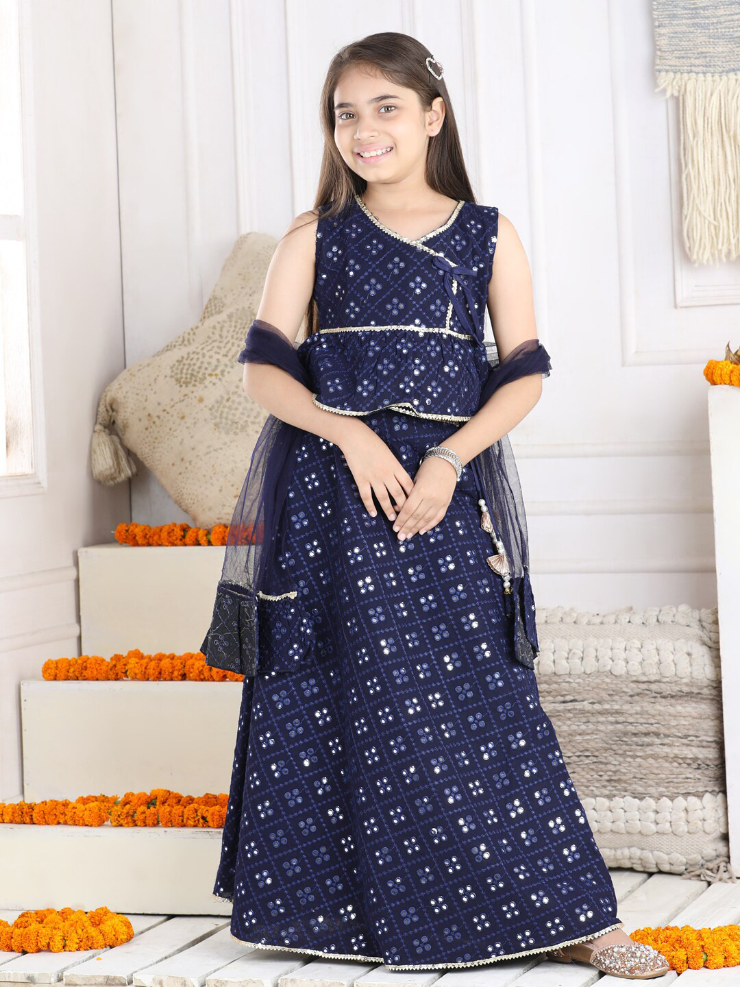 

Cutiekins Girls Embellished Mirror Work Ready to Wear Lehenga & Blouse With Dupatta, Navy blue