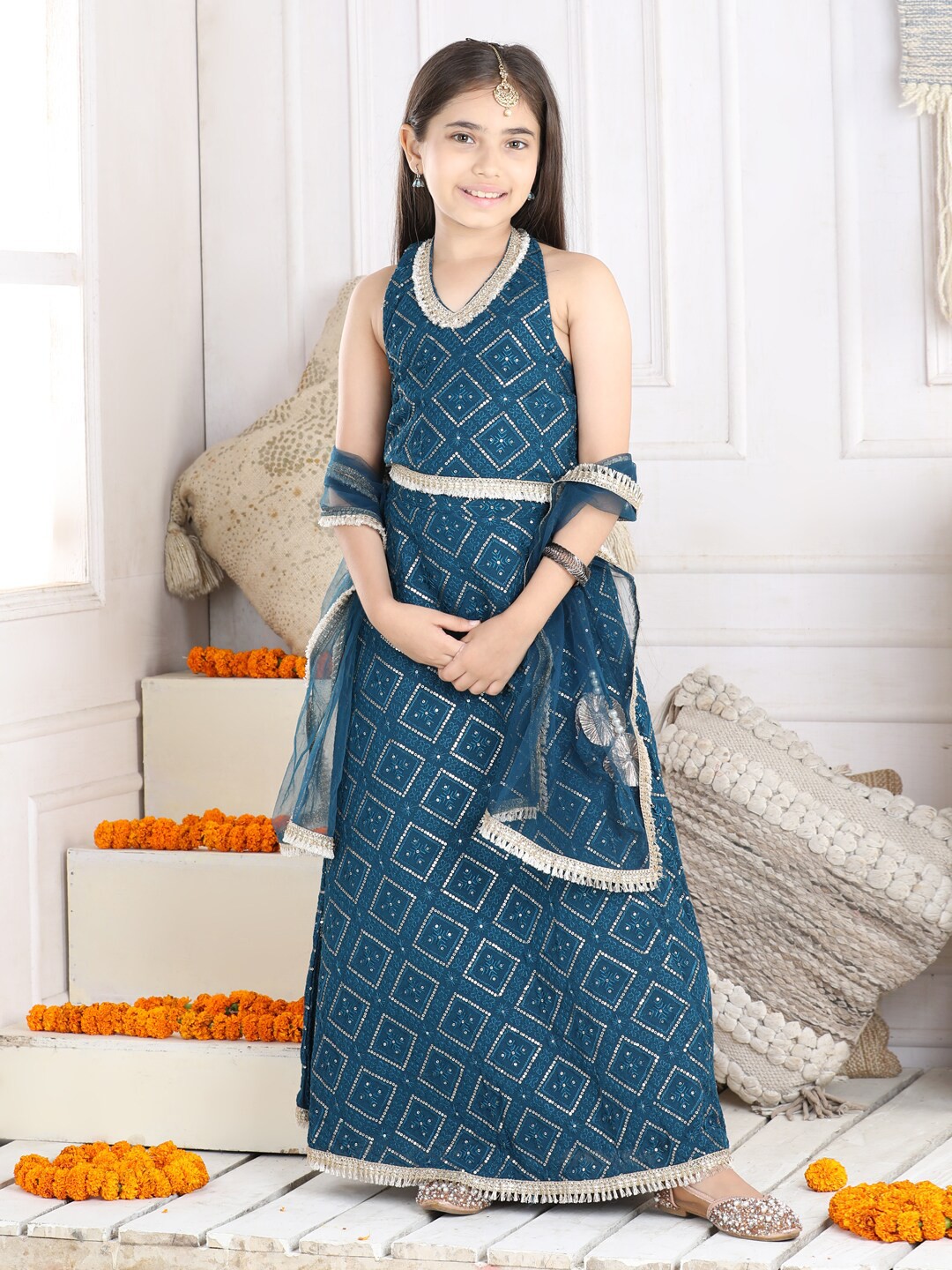 

Cutiekins Girls Embellished Sequinned Ready to Wear Lehenga Choli, Teal