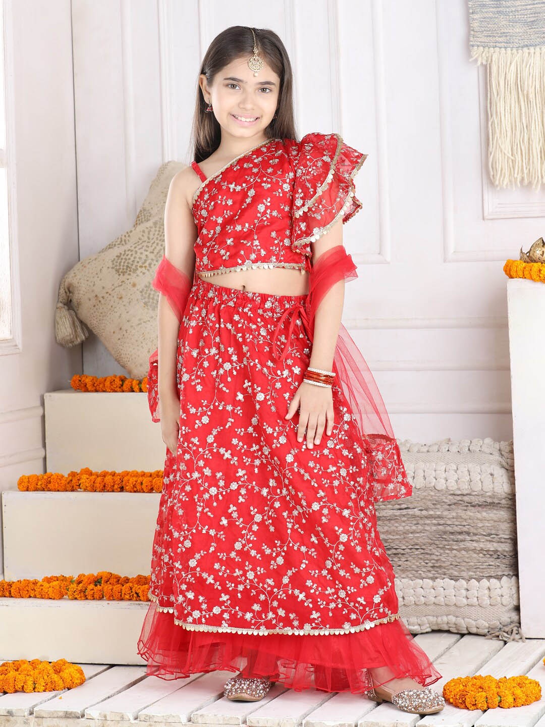 

Cutiekins Girls Floral Embroidered Sequinned Ready to Wear Lehenga & Blouse With Dupatta, Red