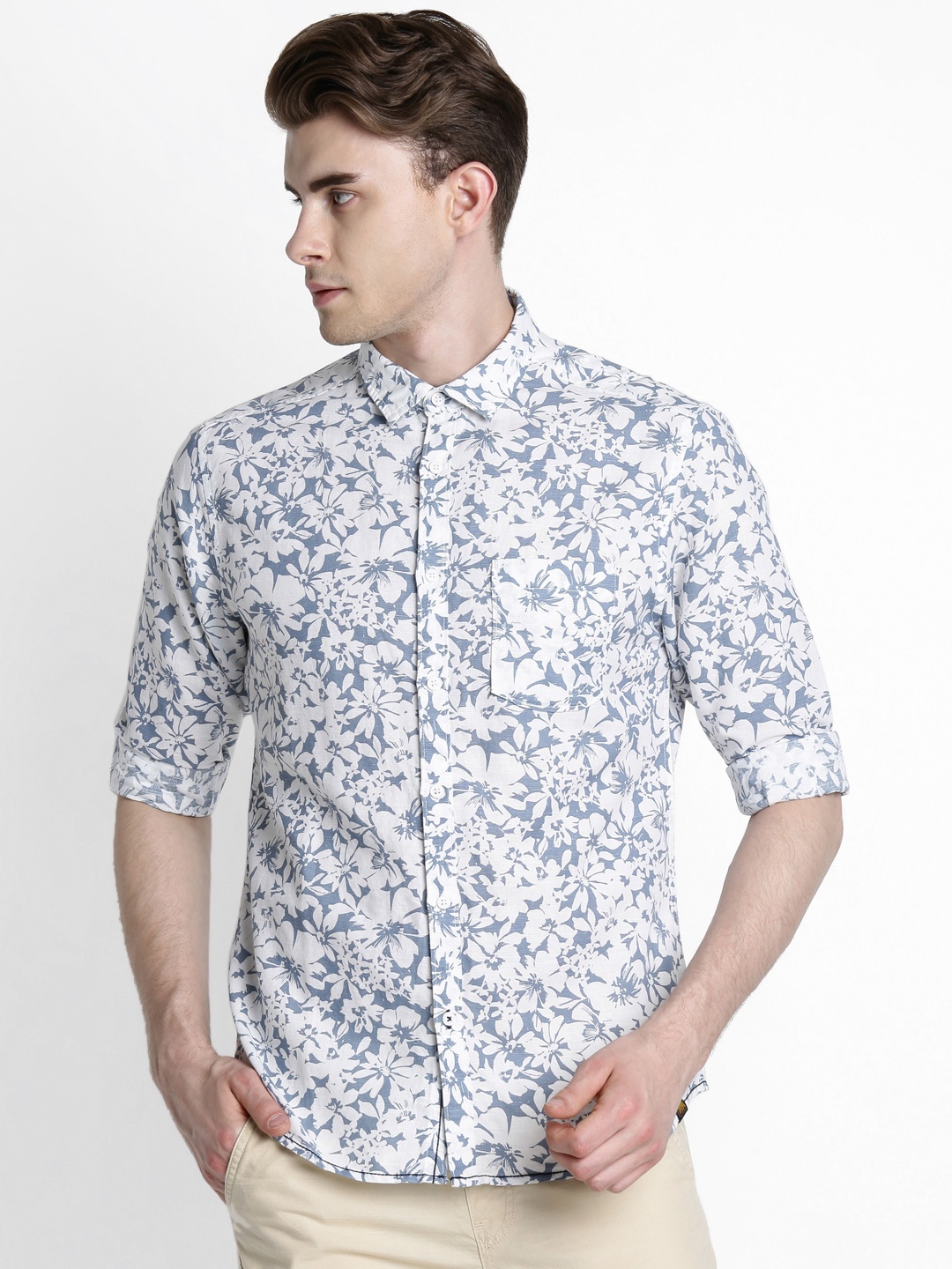 

Urban Ranger by pantaloons Men White & Blue Slim Fit Printed Casual Shirt