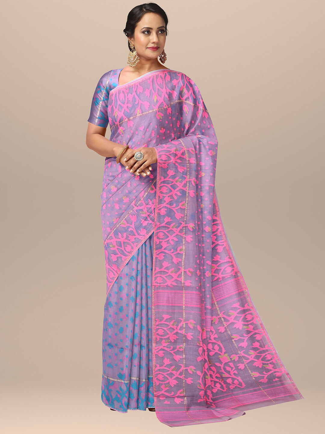

SARIKA Floral Printed Half And Half Pure Cotton Jamdani Saree, Pink