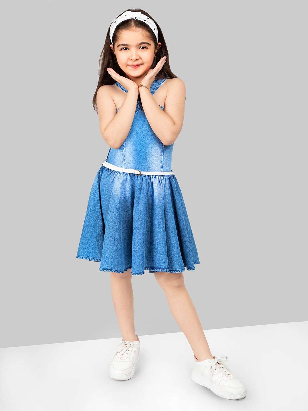 

Naughty Ninos Girls Shoulder Straps Smocked Denim Fit & Flare Dress, Blue