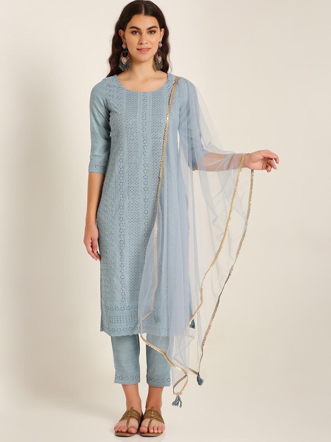 Shopping Queen Ethnic Motifs Embroidered Chikankari Kurta With Trousers & Dupatta, Blue