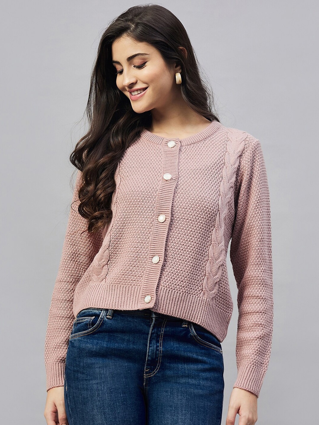 

Club York Cable Knit Self Design Acrylic Cardigan, Pink