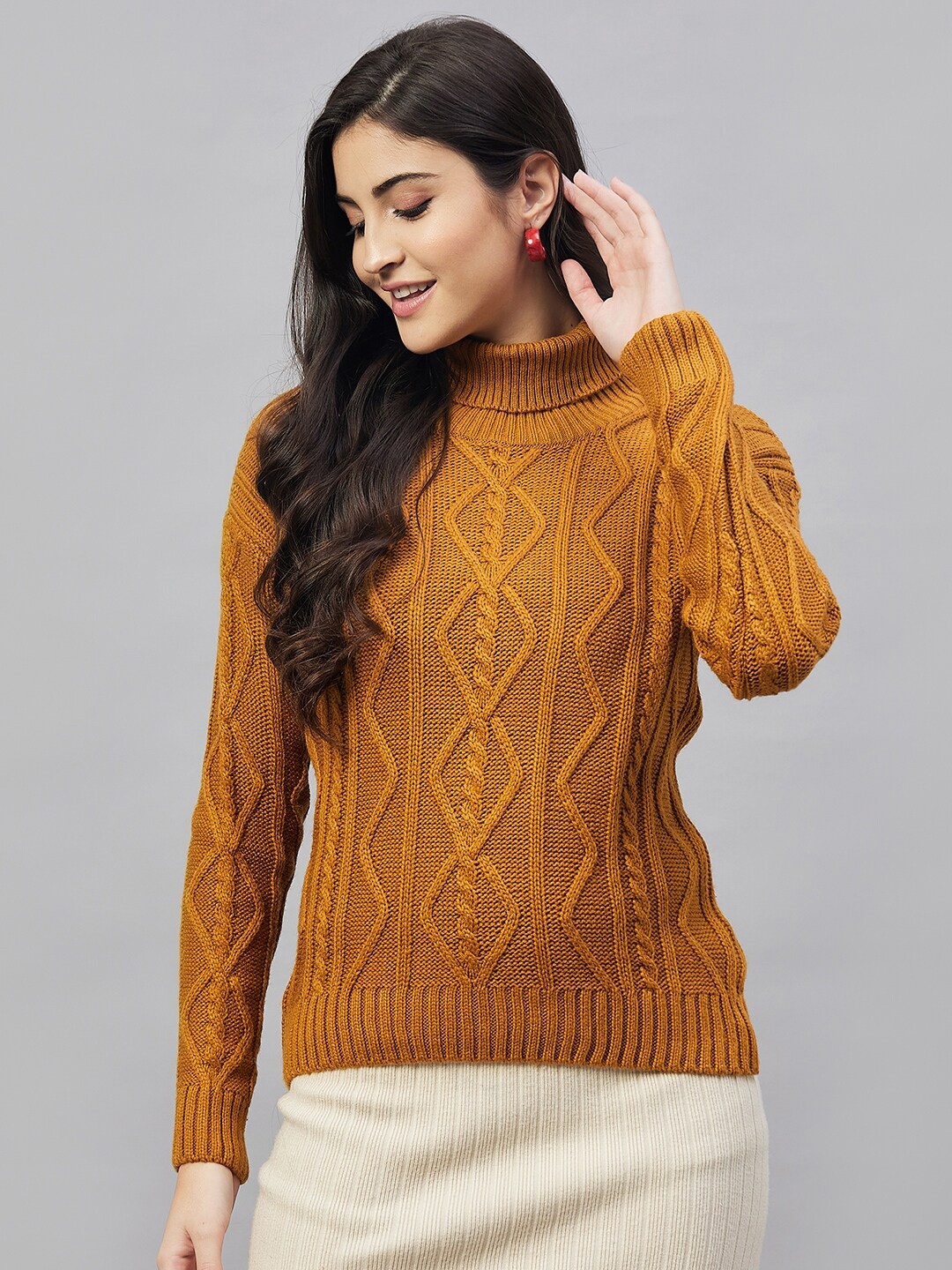 

Club York Cable Knit Self Design Turtle Neck Acrylic Pullover, Mustard