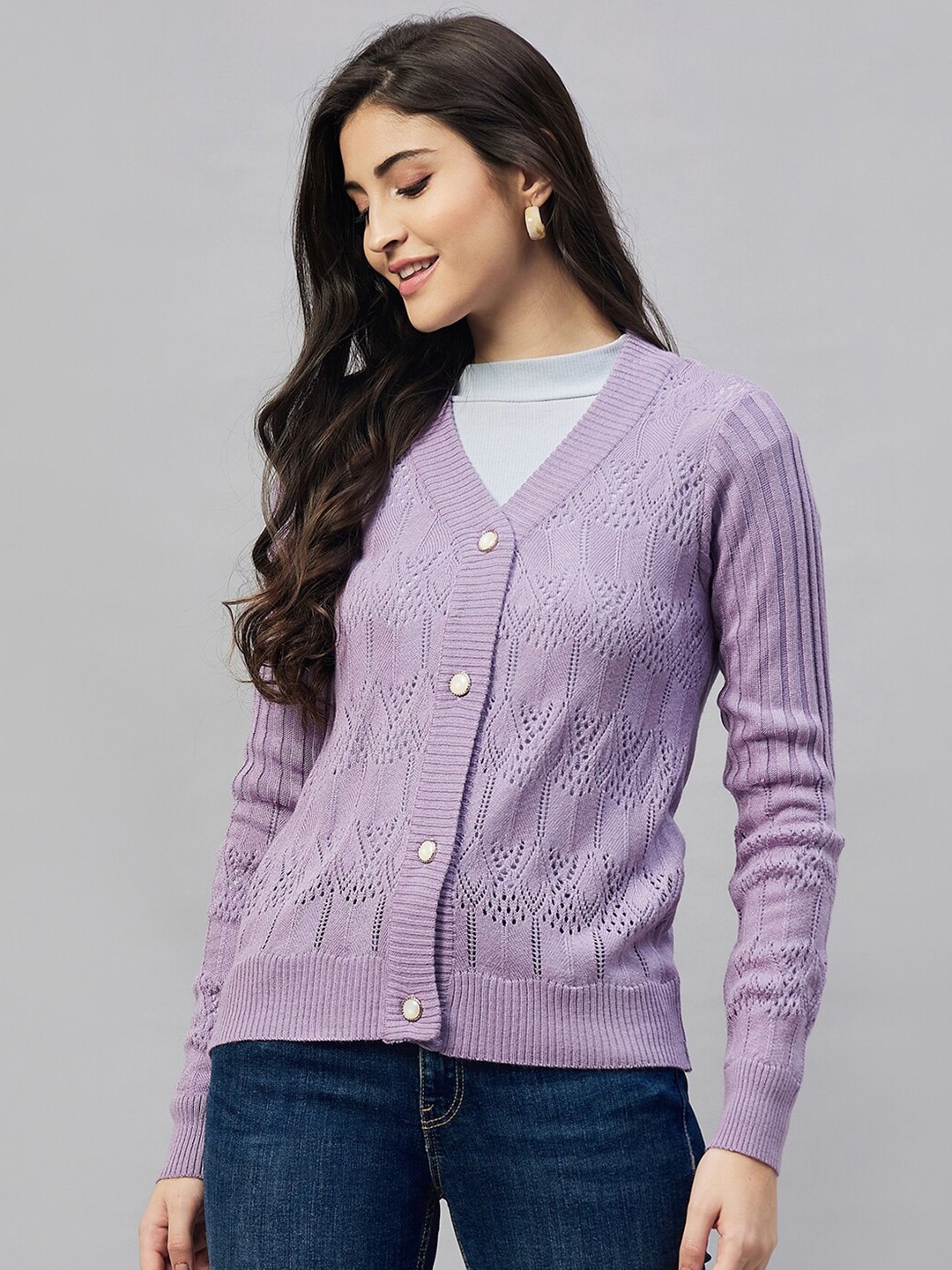 

Club York Open Knit Self Design V-Neck Acrylic Cardigan, Purple