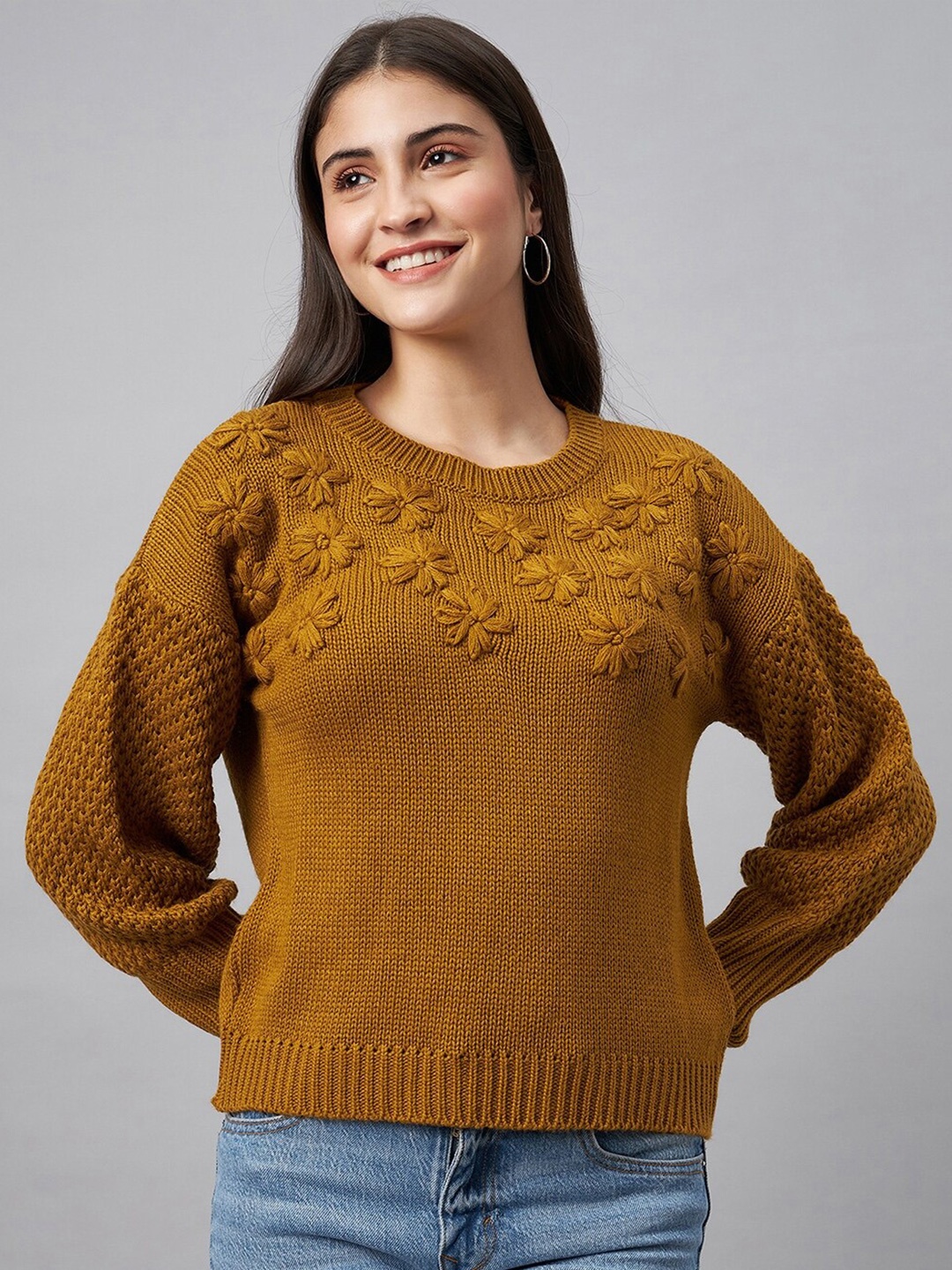 

Club York Floral Embroidered Acrylic Pullover, Mustard