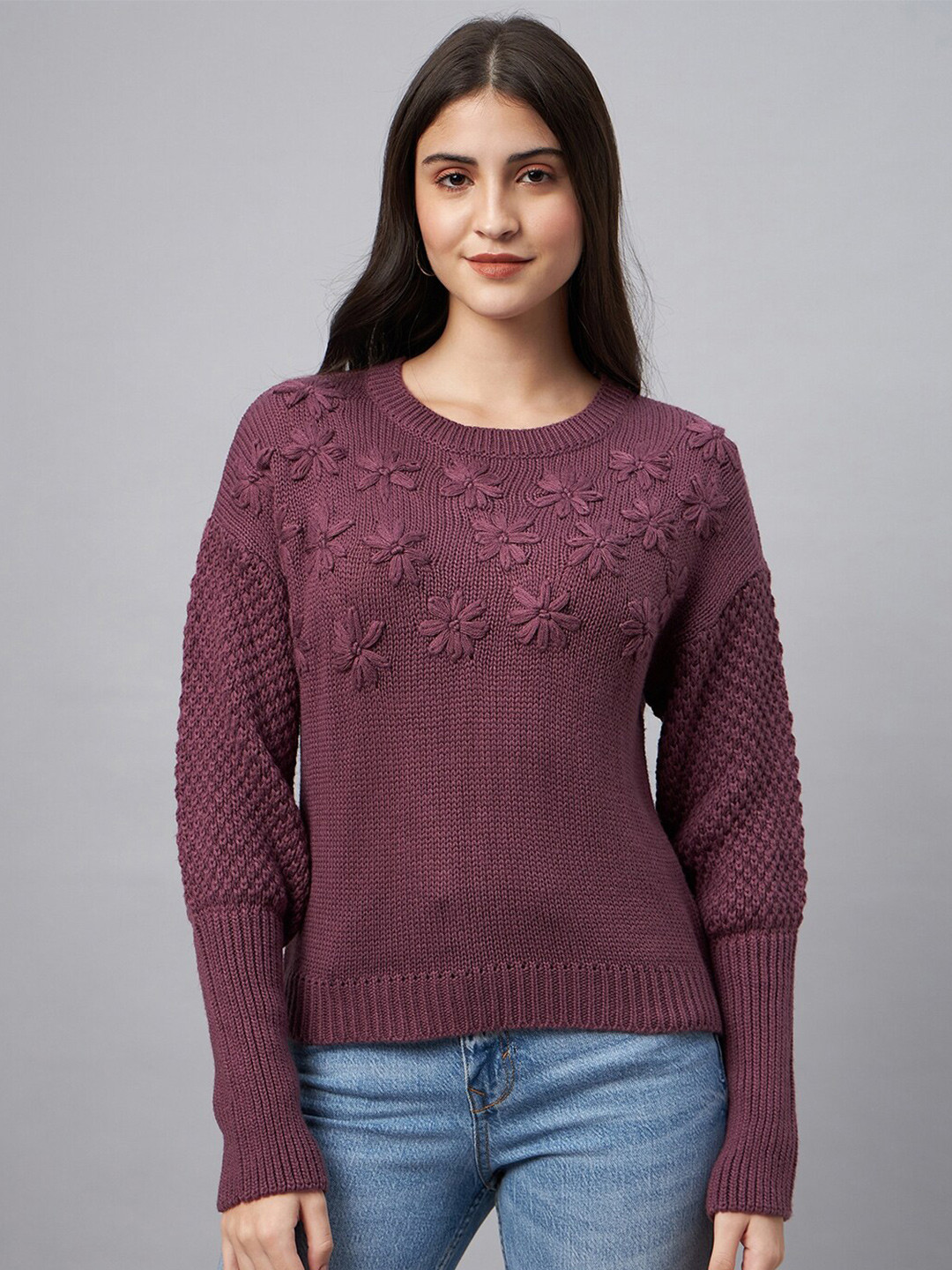 

Club York Floral Embroidered Acrylic Pullover, Purple