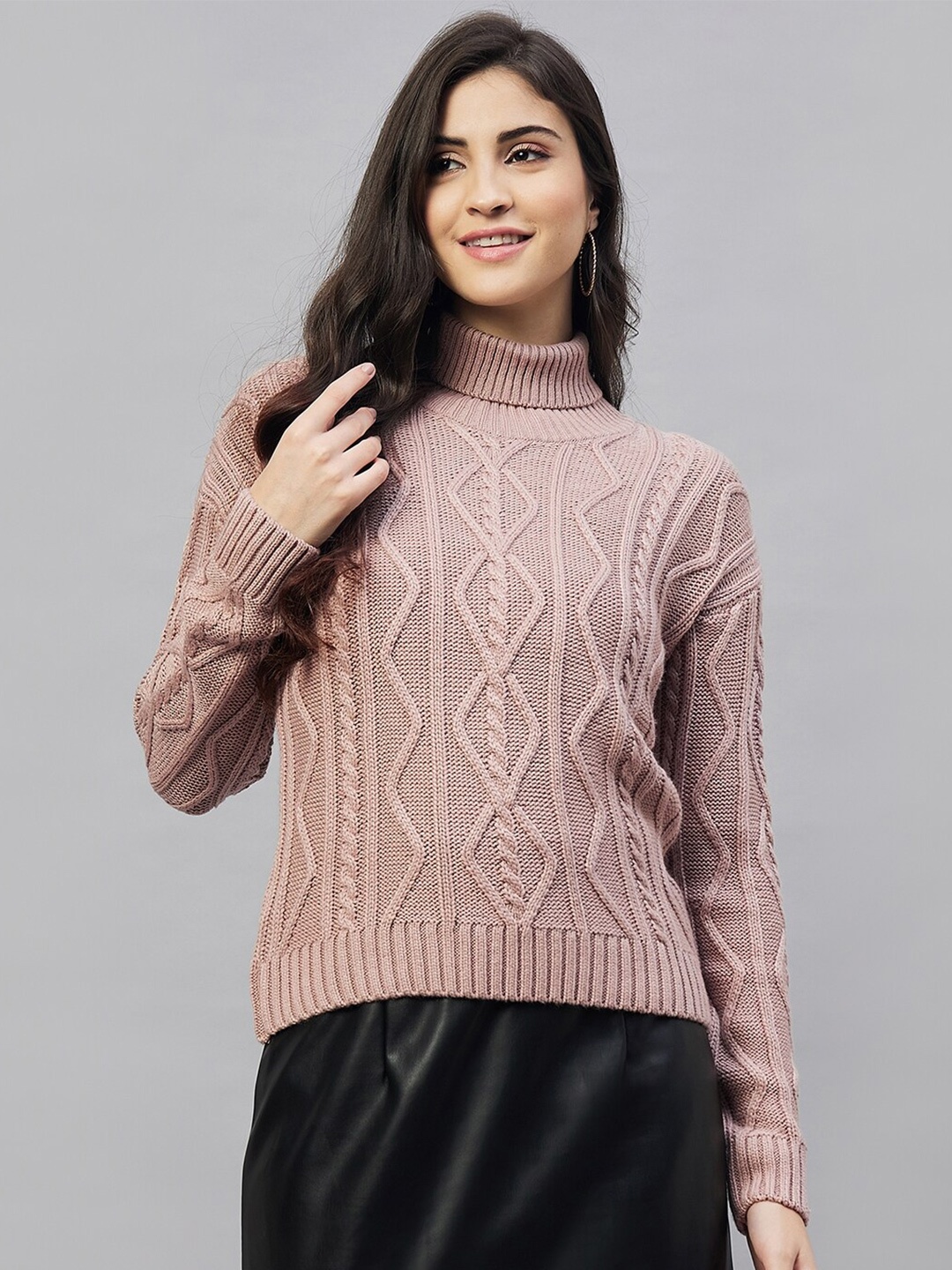 

Club York Cable Knit Self Design Turtle Neck Acrylic Pullover, Pink