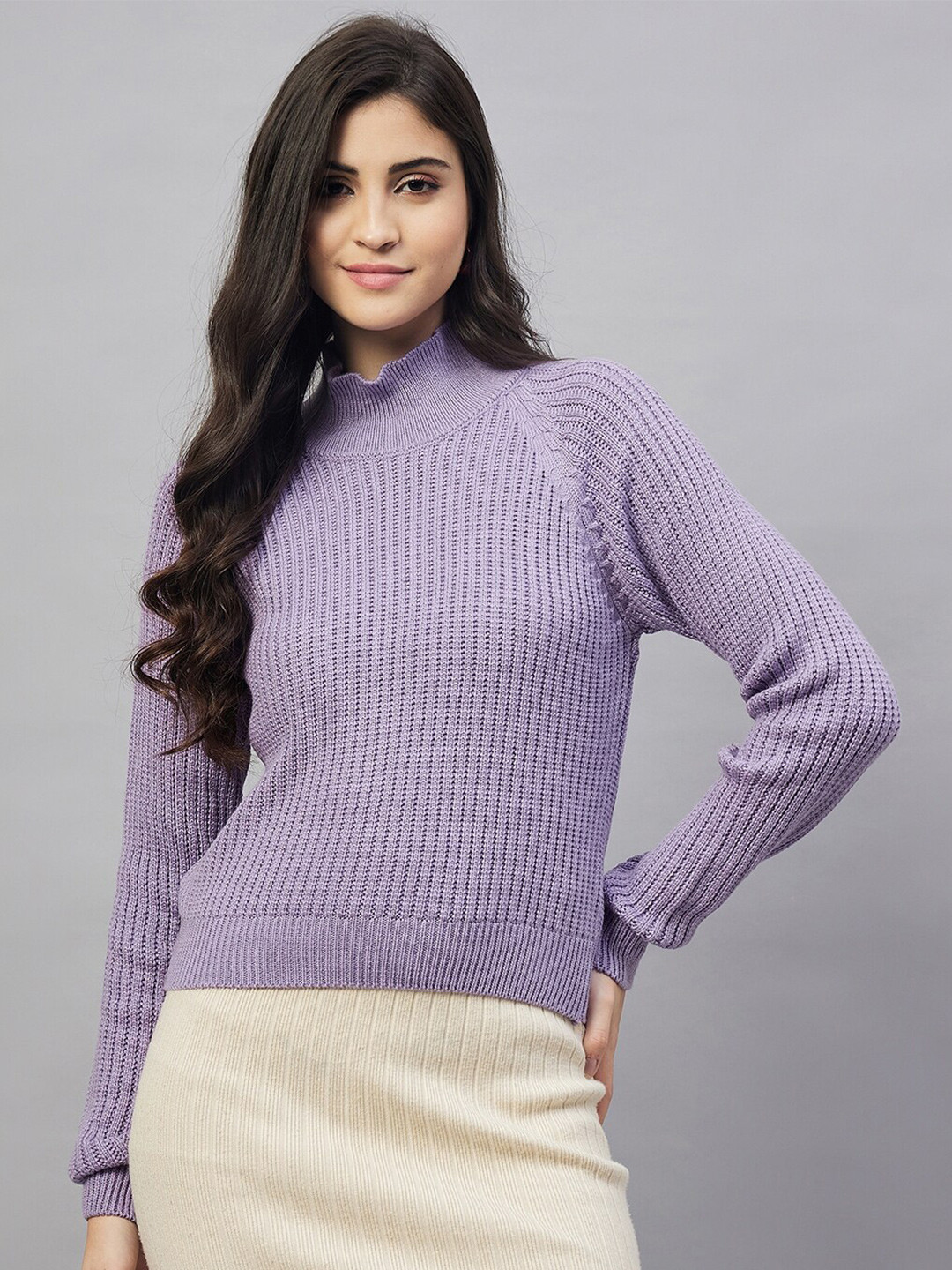 

Club York High Neck Open Knit Self Design Acrylic Pullover, Purple