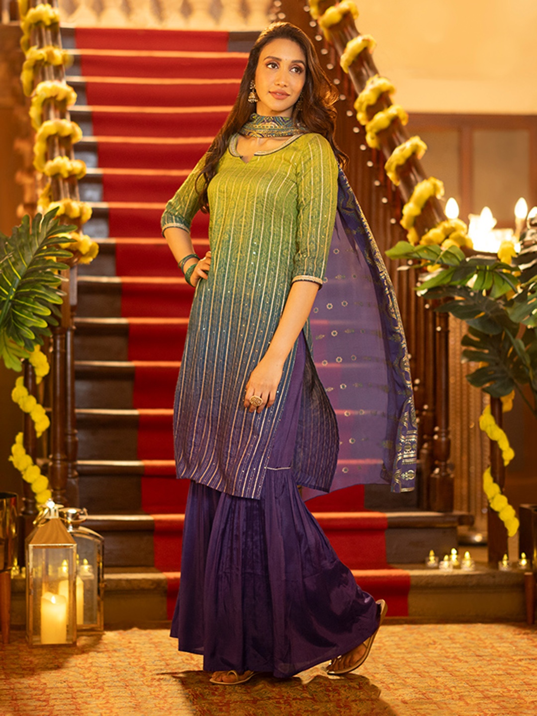

AURELIA Ethnic Motifs Printed Regular Kurta with Sharara & With Dupatta, Green