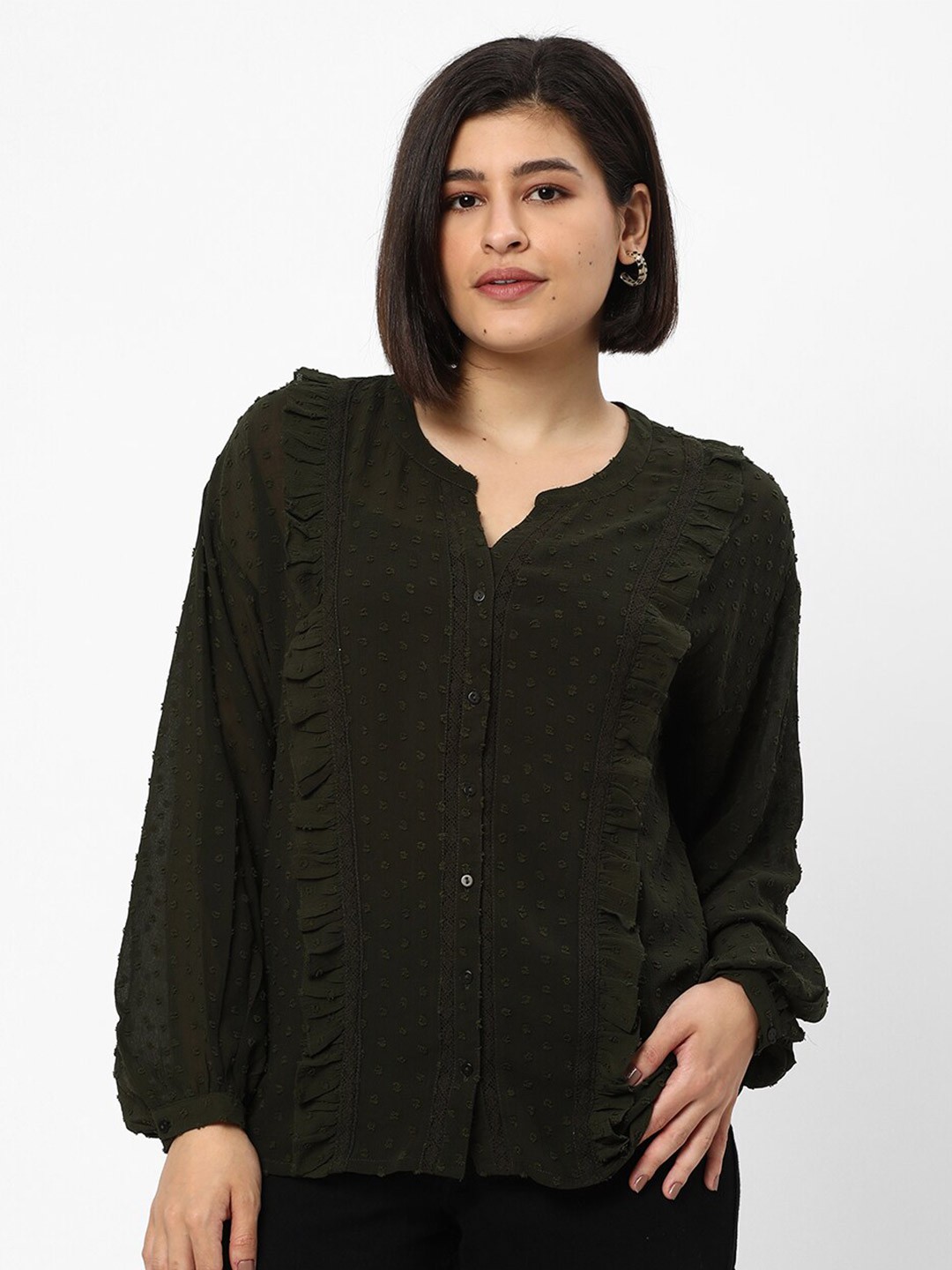 

R&B Self Designed Round Neck Top, Olive