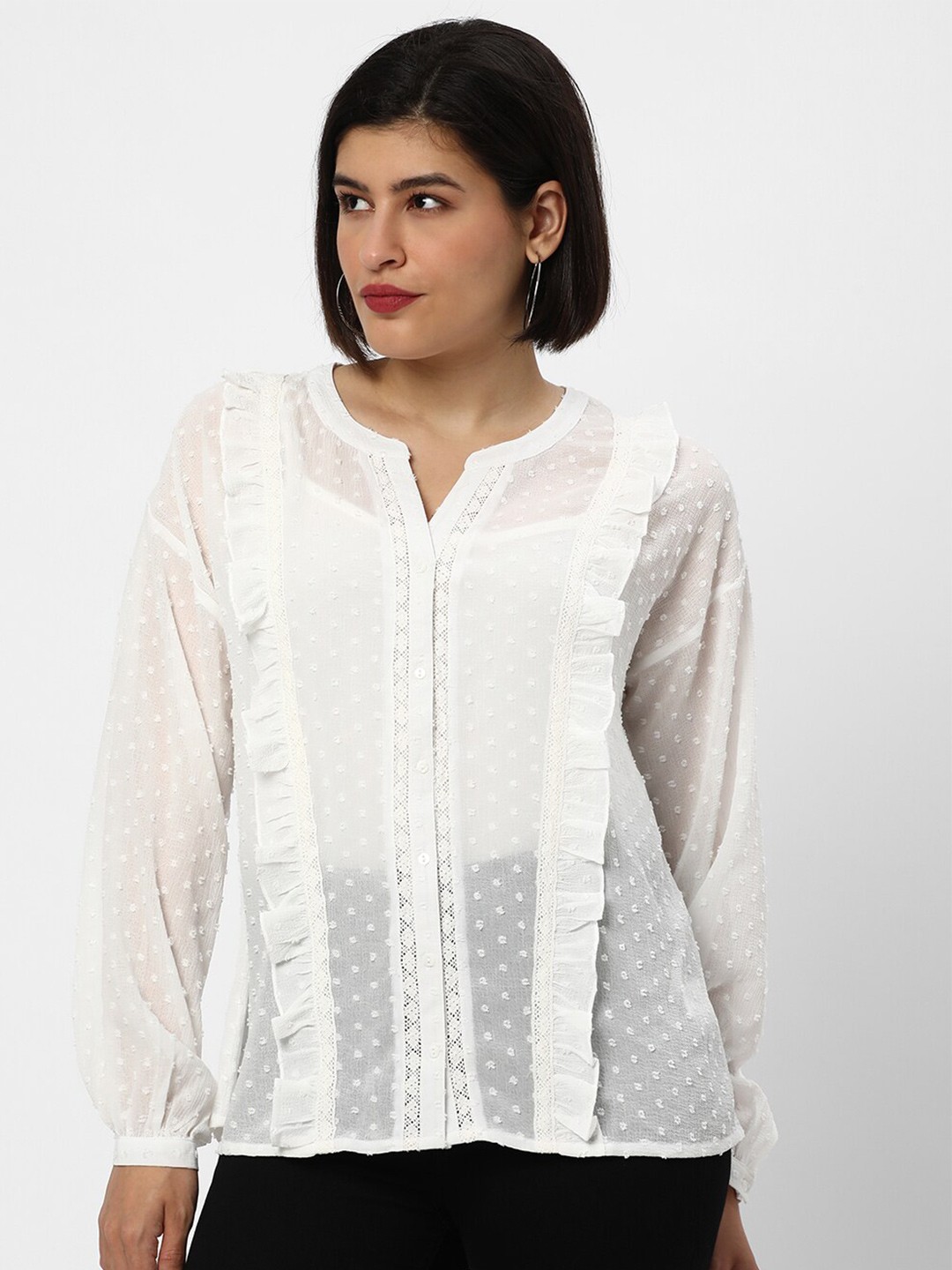 

R&B Self Design Mandarin Collar Regular Top, White
