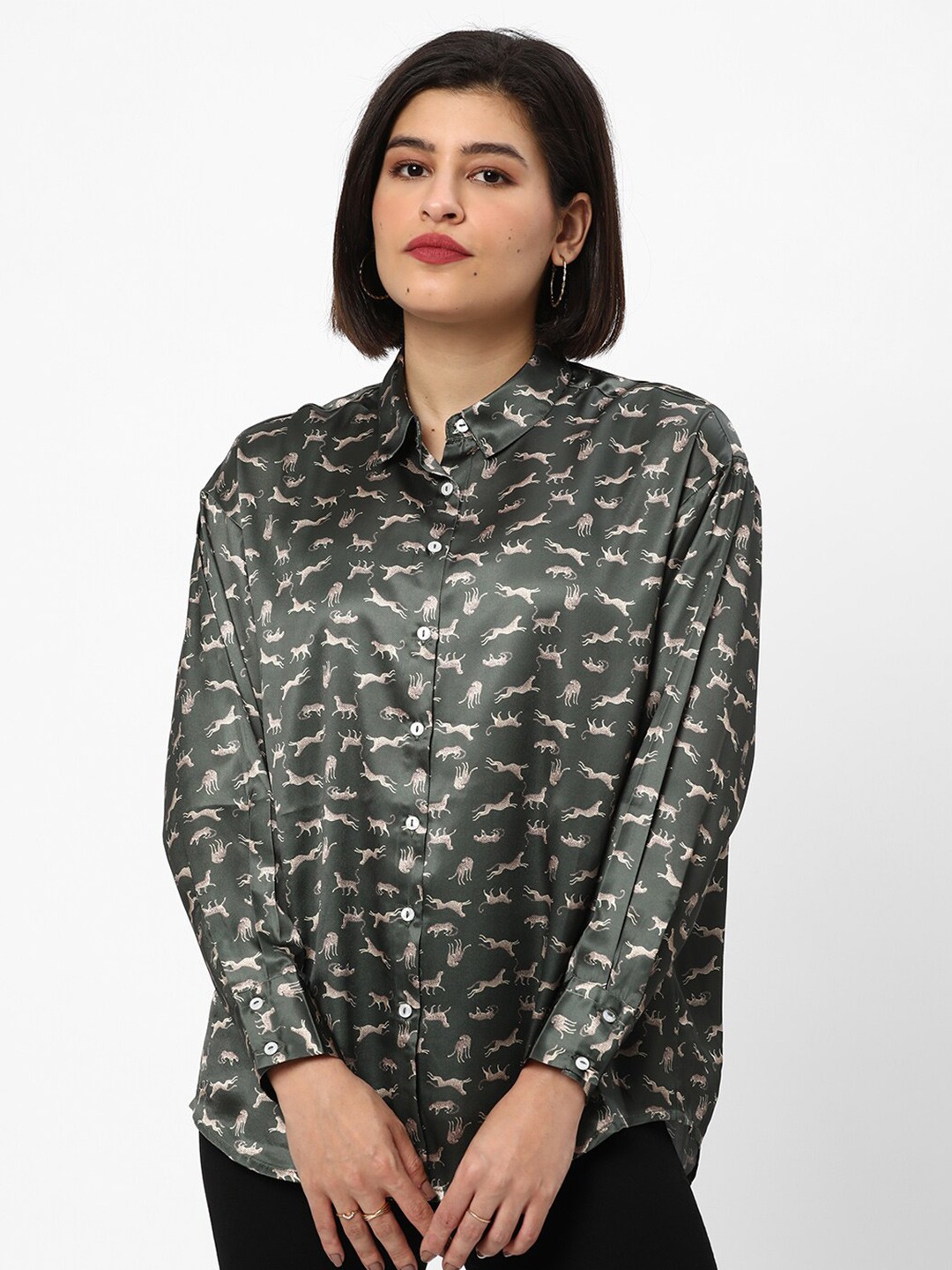 

R&B Conversational Printed Shirt Collar Shirt Style Top, Green