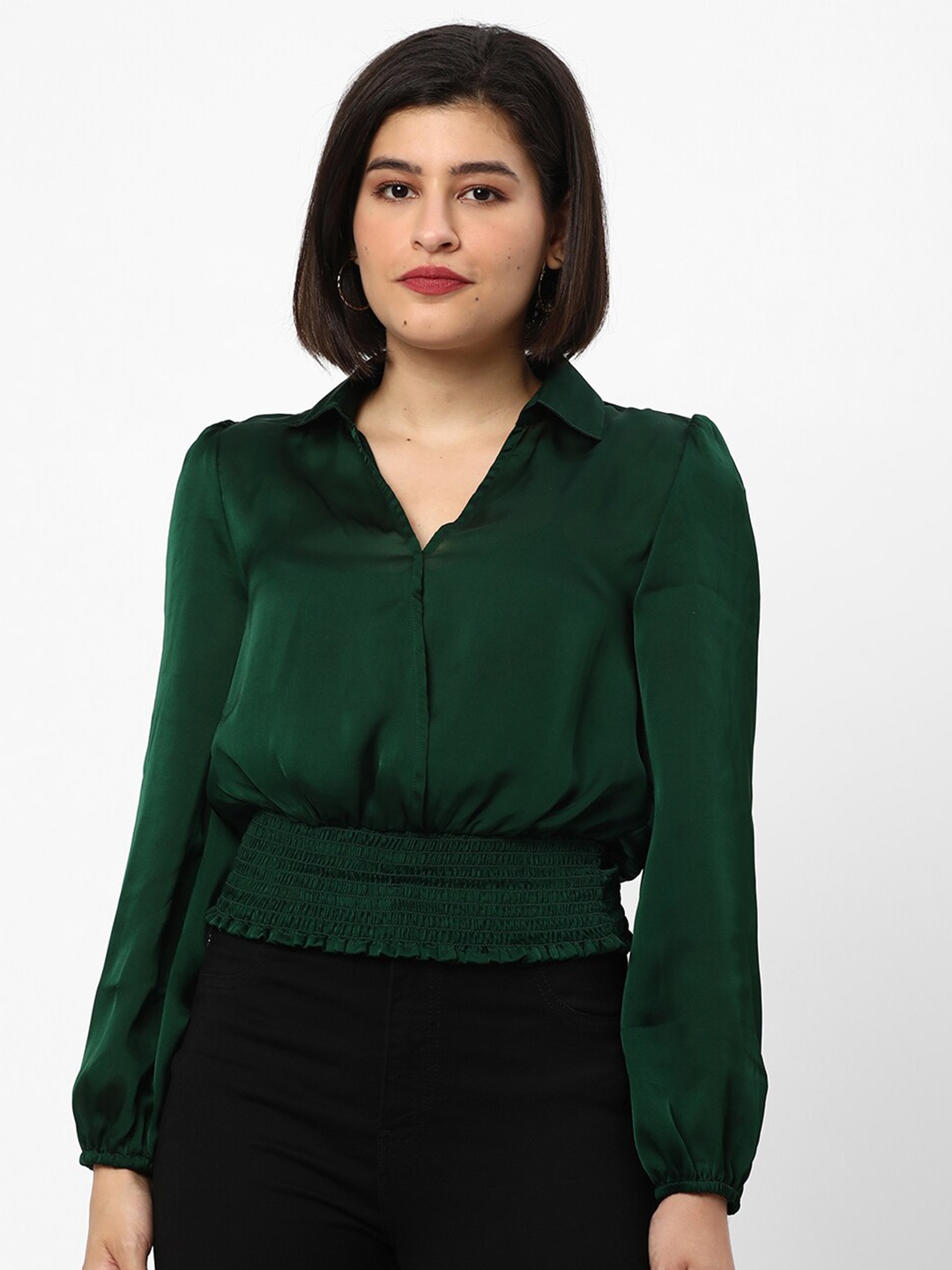 

R&B Shirt Collar Puff Sleeve Smocked Blouson Regular Top, Green