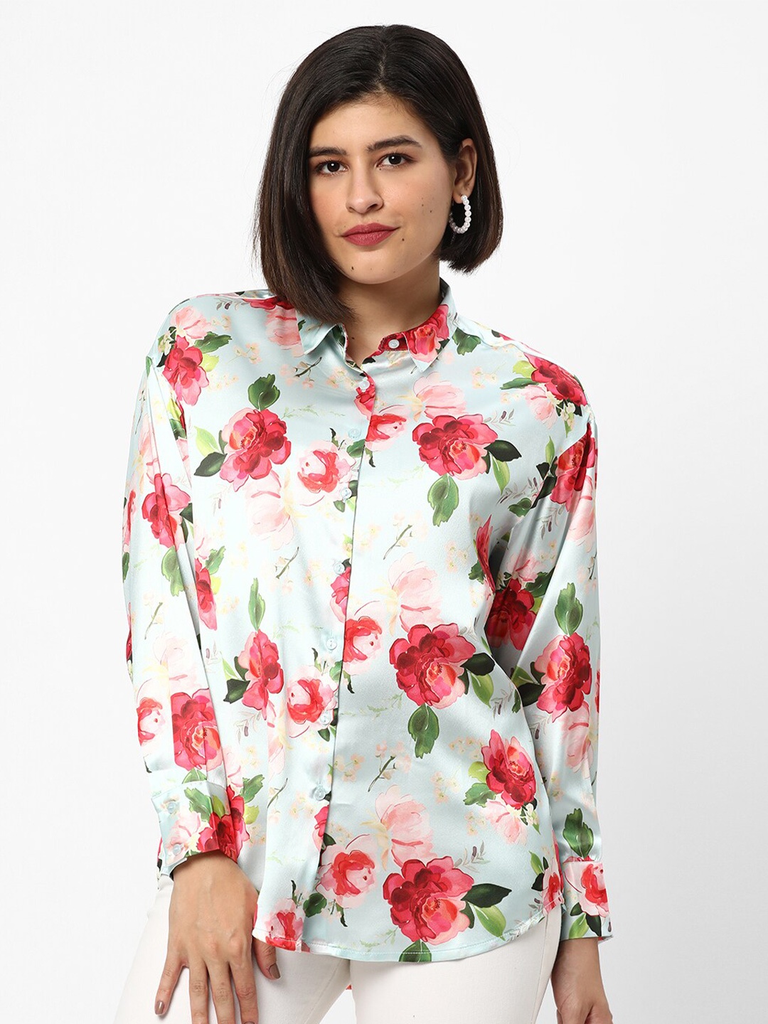 

R&B Floral Printed Shirt Collar Shirt Style Regular Top, Blue