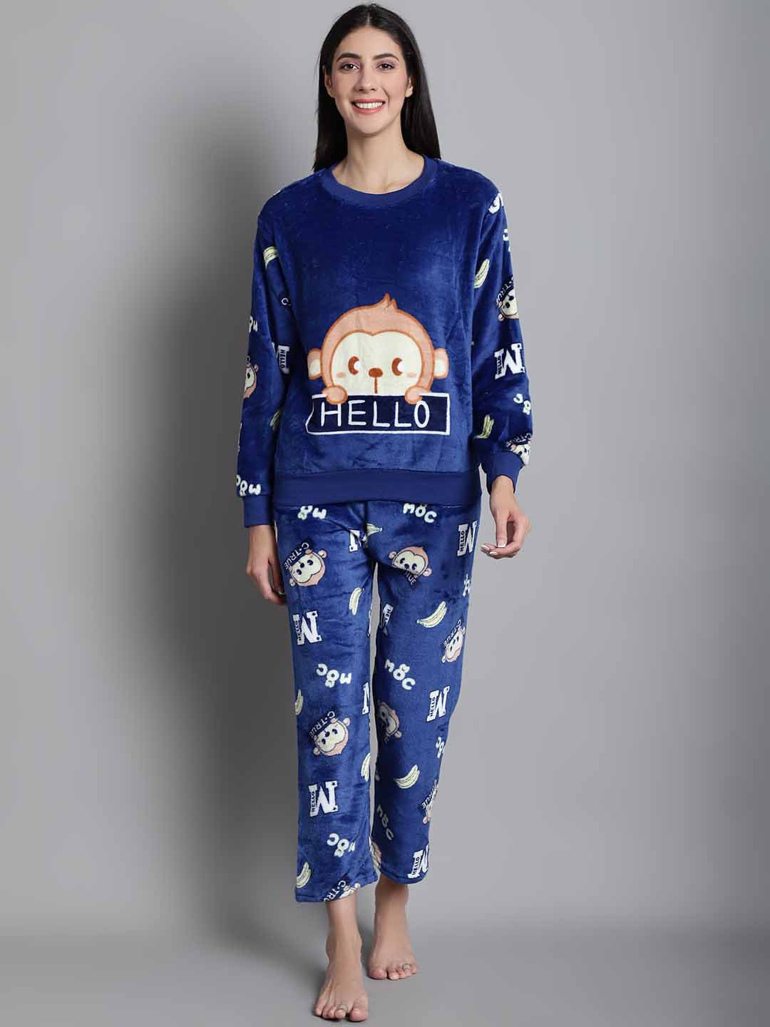 

GRACIT Graphic Printed Round Neck T-Shirt & Pyjamas, Navy blue