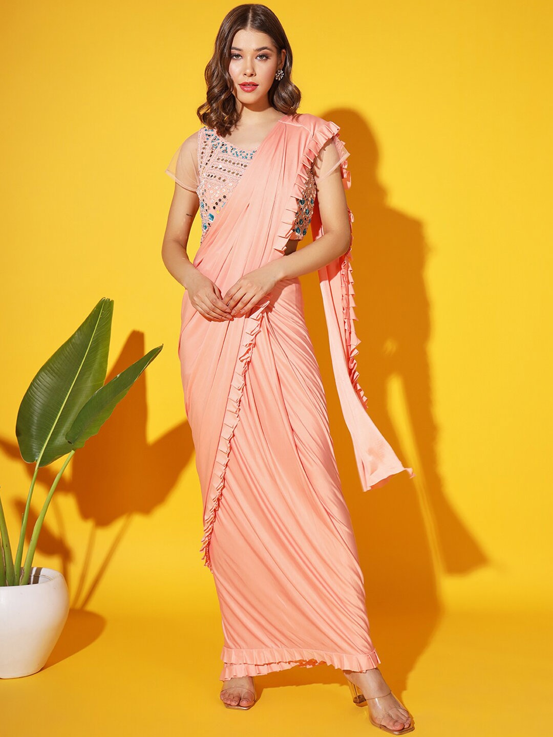 

Chhabra 555 Ready to Wear Embroidered Sarees, Peach