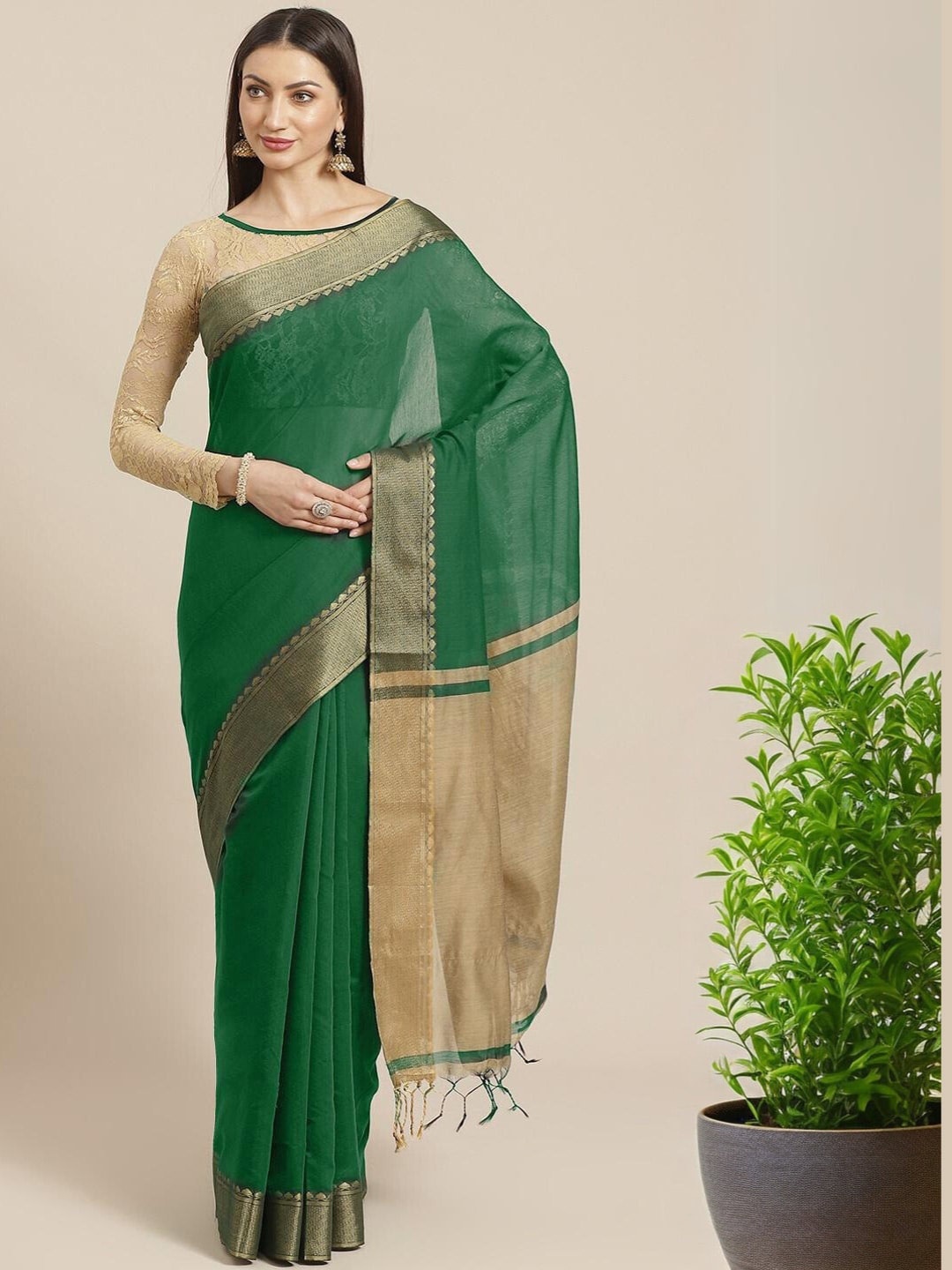 

Chhabra 555 Silk Cotton Zari Sarees, Green