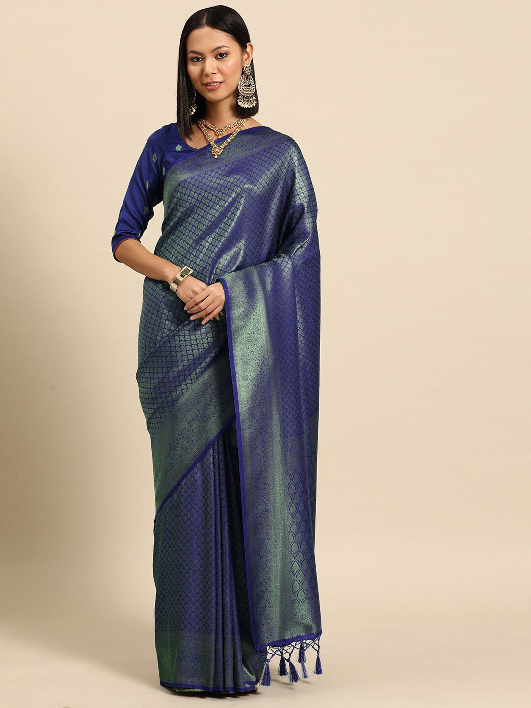 

Chhabra 555 Ethnic Motifs Woven Design Zari Kanjeevaram Saree, Navy blue