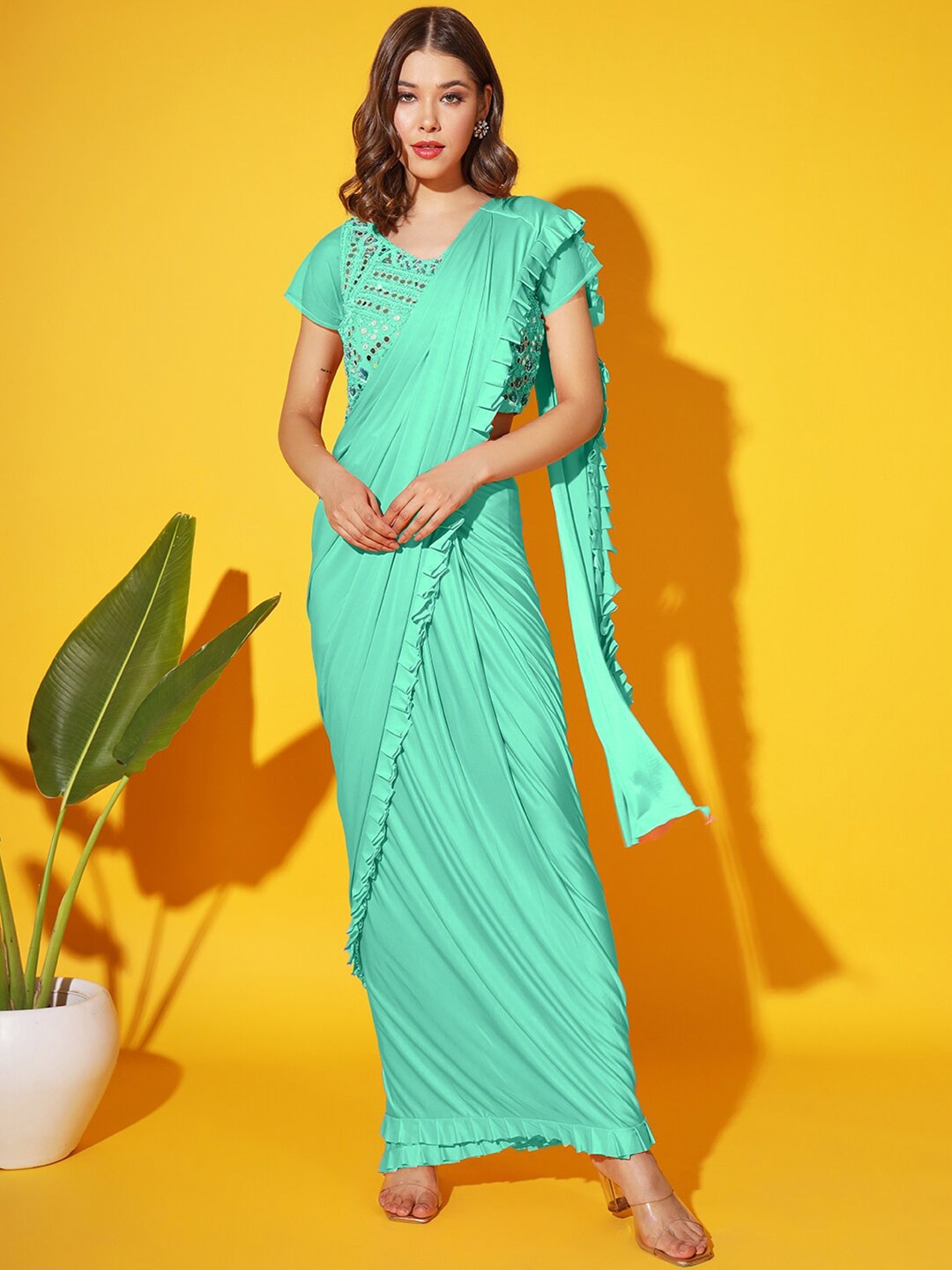 

Chhabra 555 Ready to Wear Embroidered Saree With Stitched Blouse, Turquoise blue