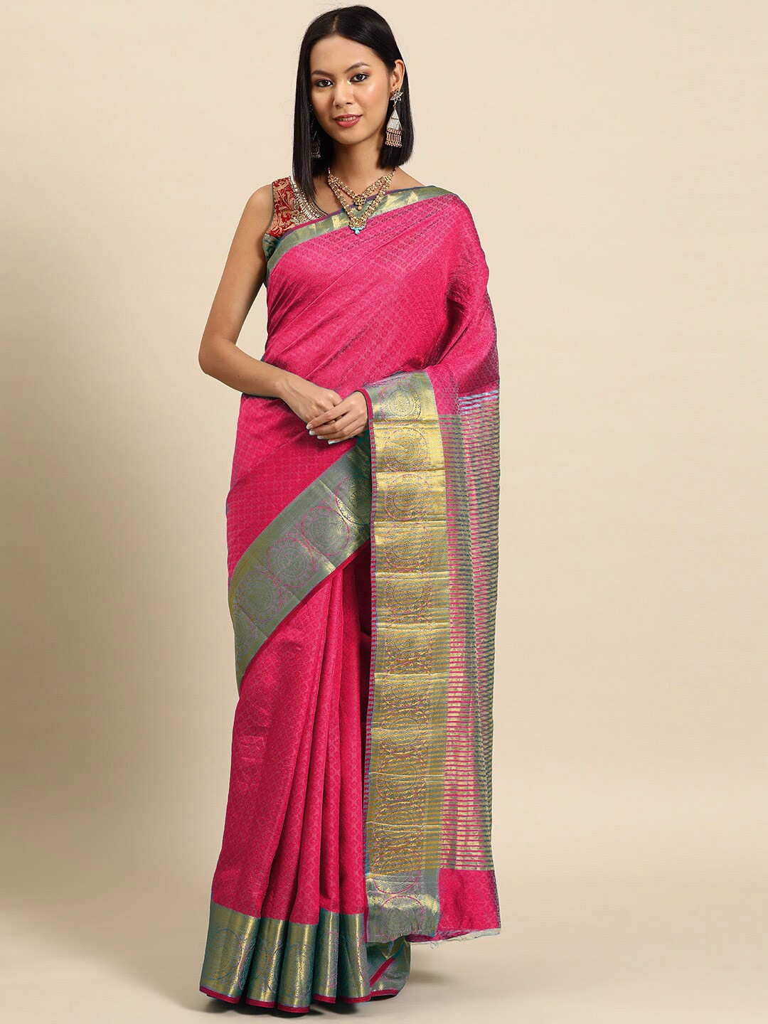 

Chhabra 555 Pink Ethnic Motifs Woven Design Zari Detailed Saree