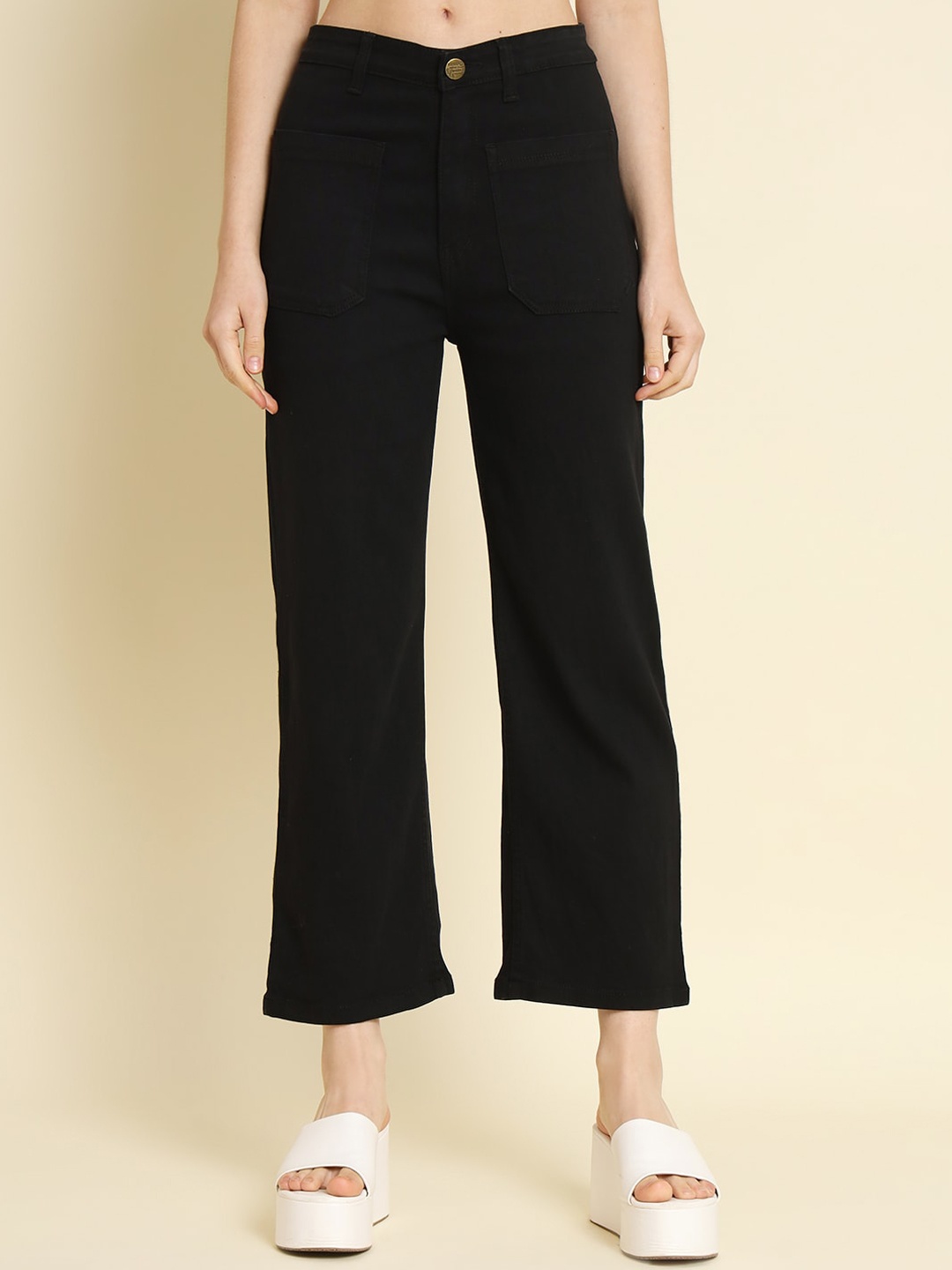 

BAESD Women Jean Straight Fit High-Rise Clean Look Cotton Cropped Jeans, Black