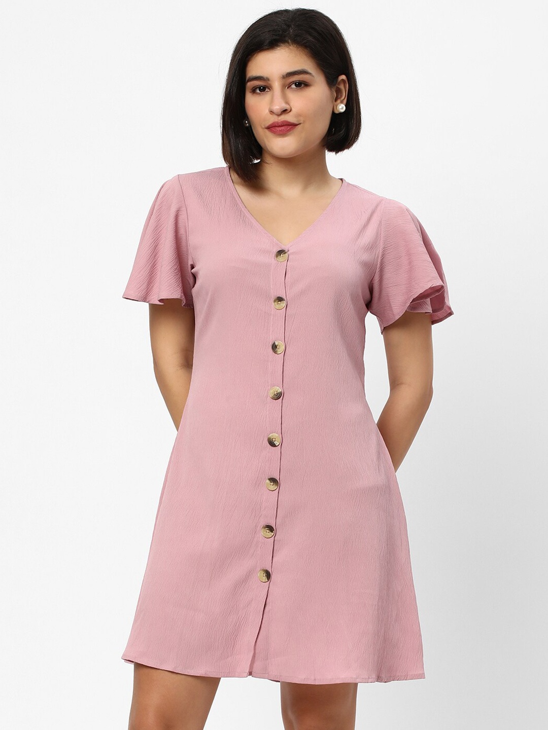 

R&B Black V-Neck Flared Sleeves A-Line Dress, Pink