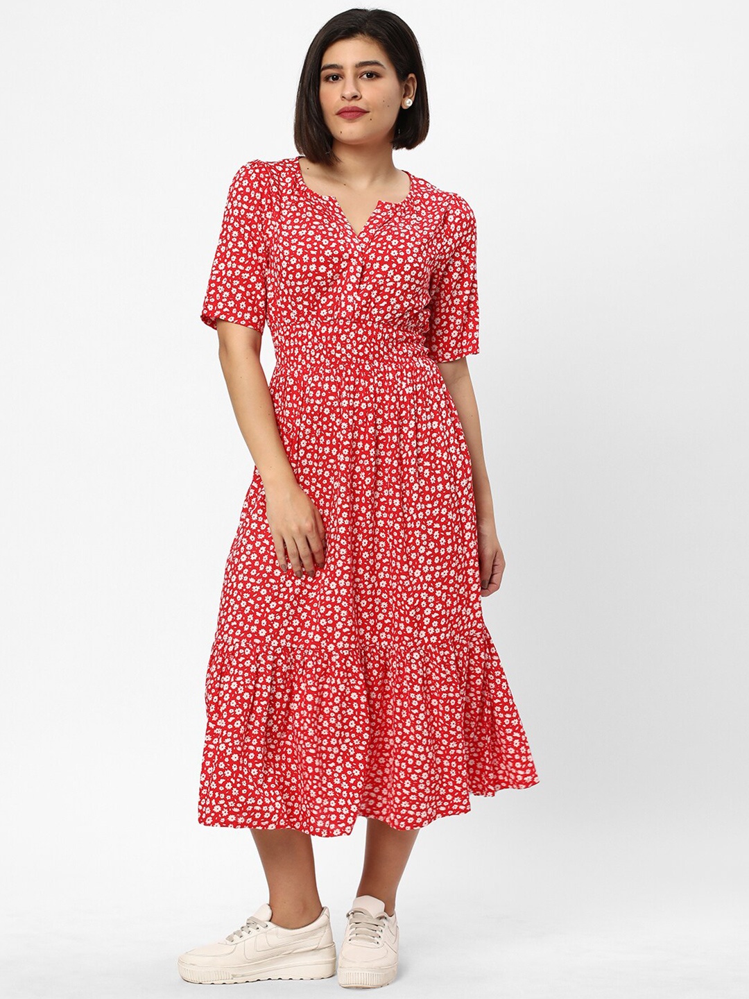 

R&B Red Floral Printed Fit and Flare Dress