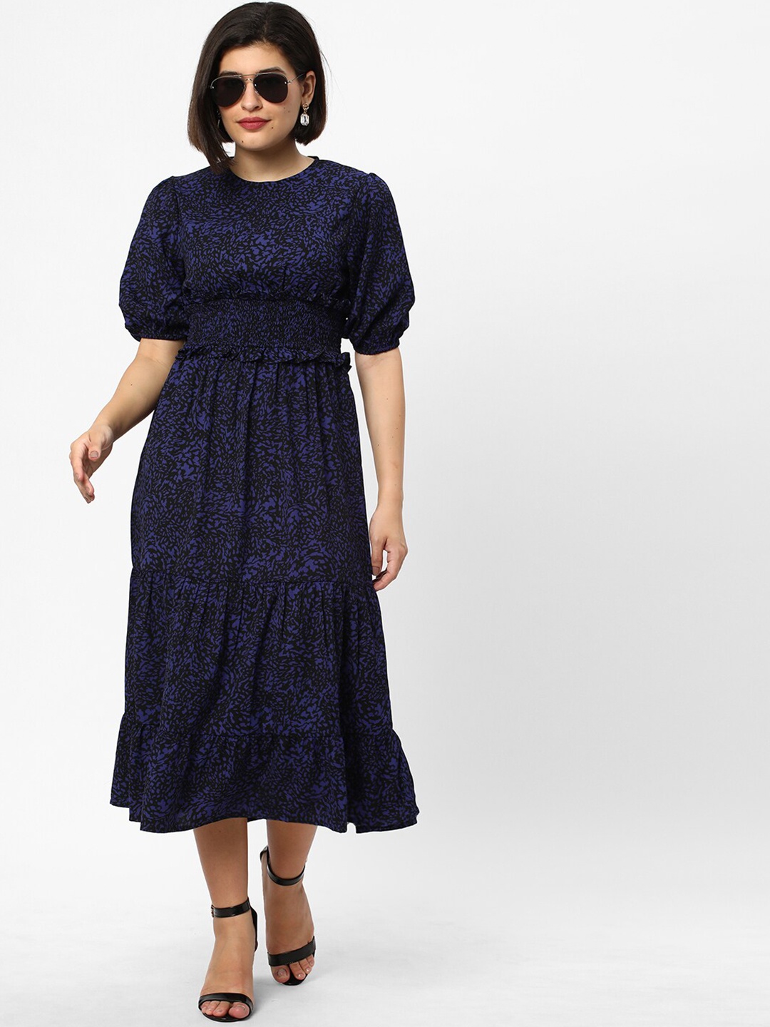

R&B Floral Printed Puff Sleeves Tiered Smocked A-Line Dress, Blue