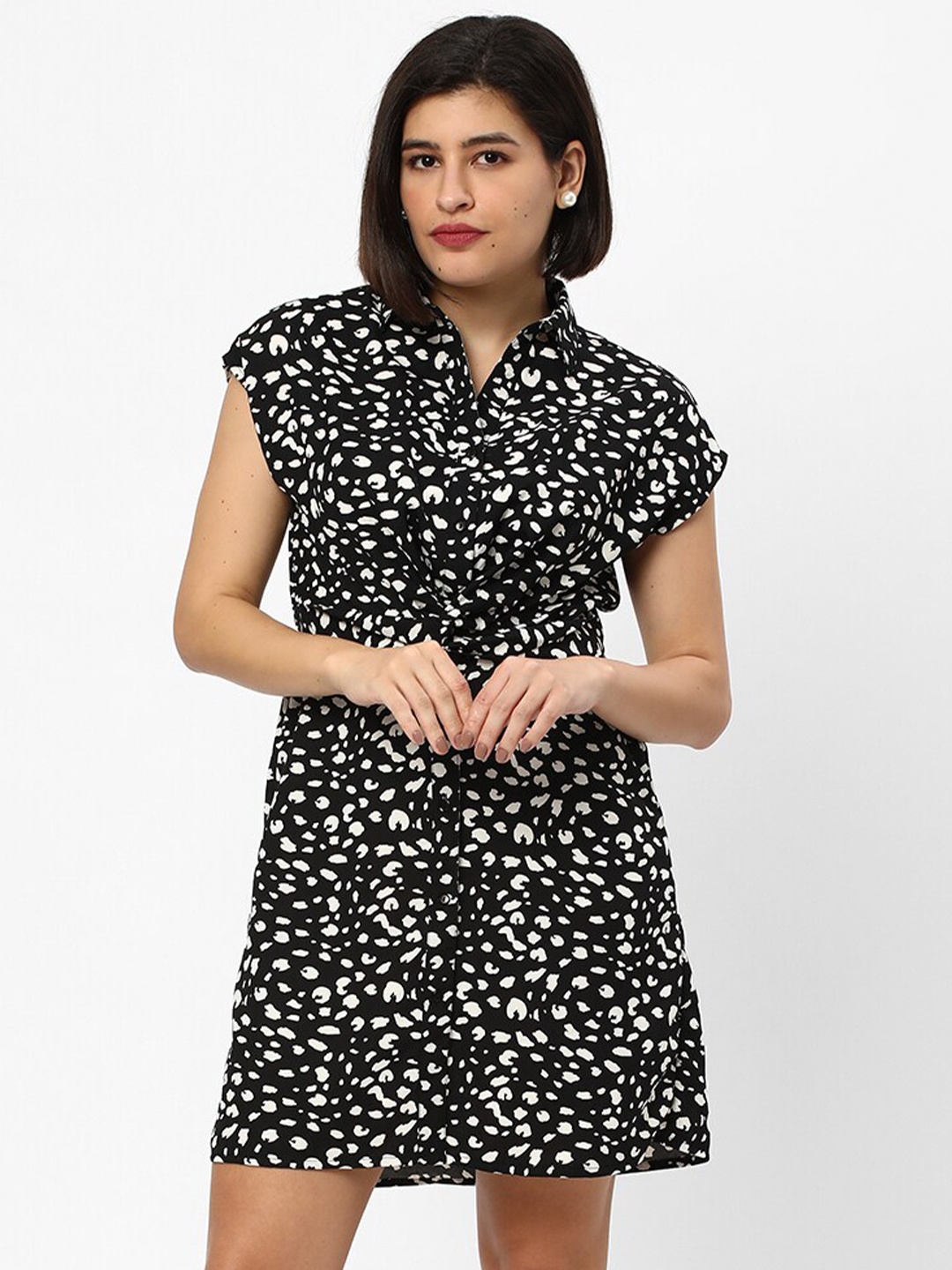 

R&B Abstract Printed Shirt Collar Cap Sleeves Shirt Dress, Black