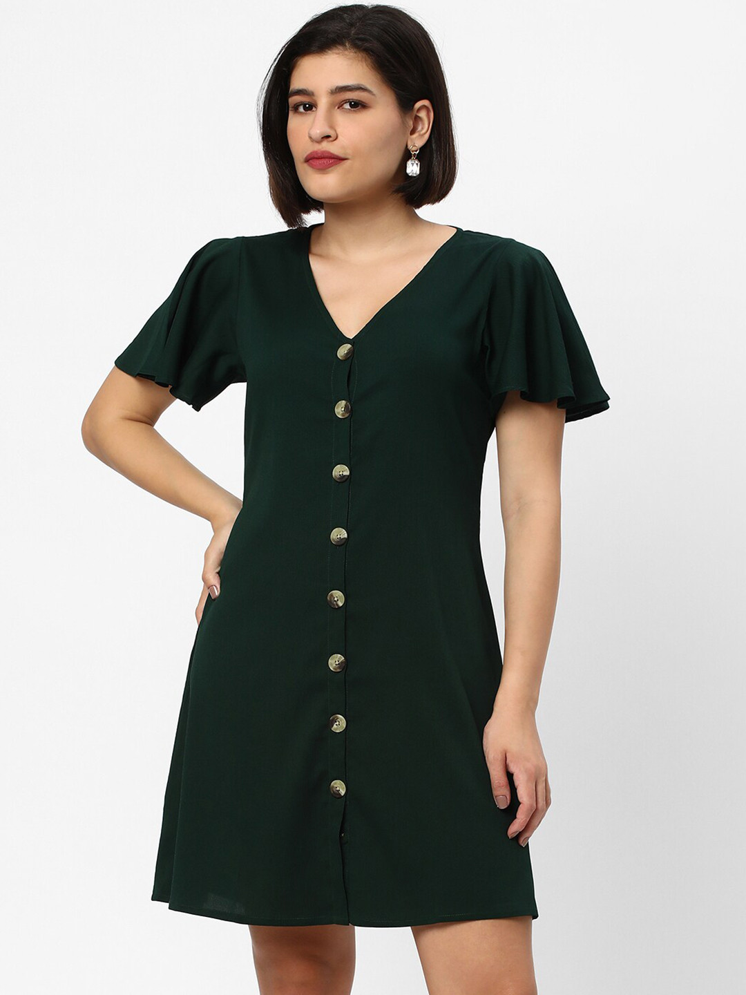 

R&B V-Neck Flared Sleeves A-Line Dress, Green