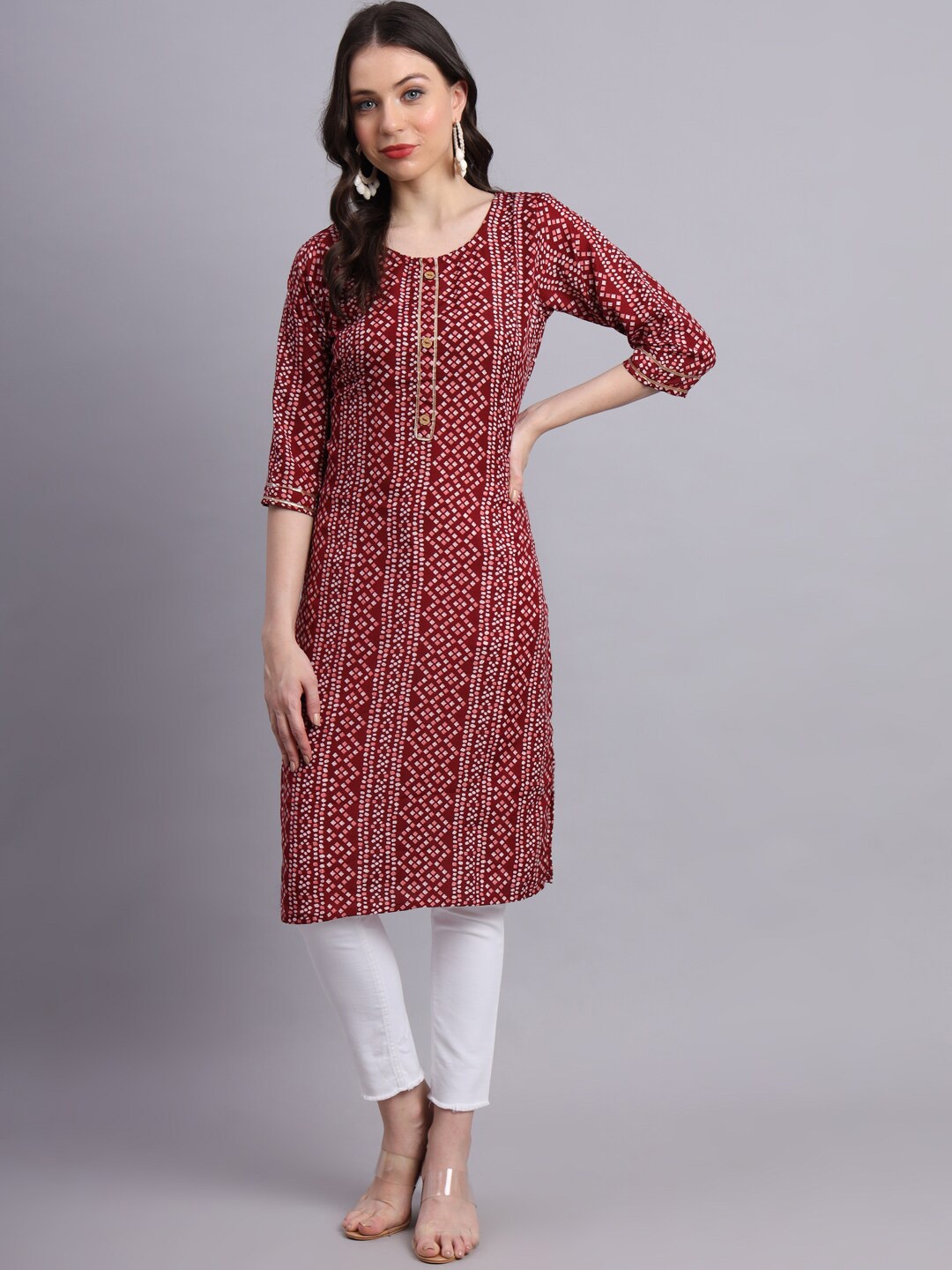 

FABDYOR Bandhani Printed Round Neck Three-Quarter Sleeves Pure Cotton Straight Kurta, Maroon