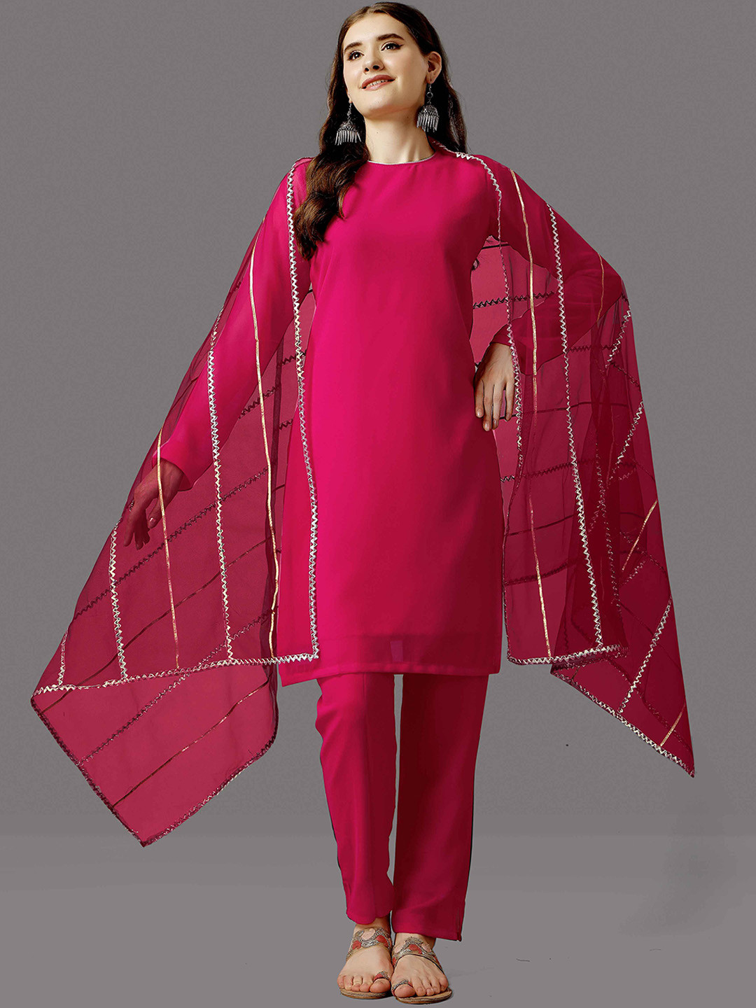

WORIVOC Round Neck Georgette Straight Kurta & Trousers With Dupatta, Pink