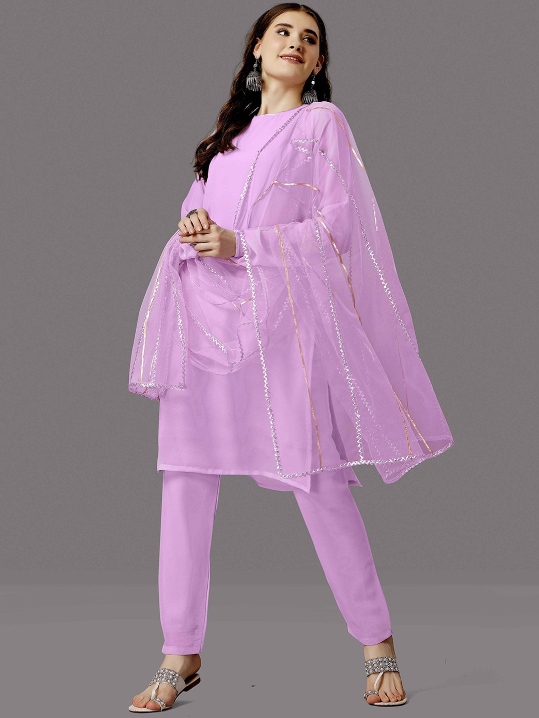 

WORIVOC Round Neck Georgette Straight Kurta & Trousers With Dupatta, Purple