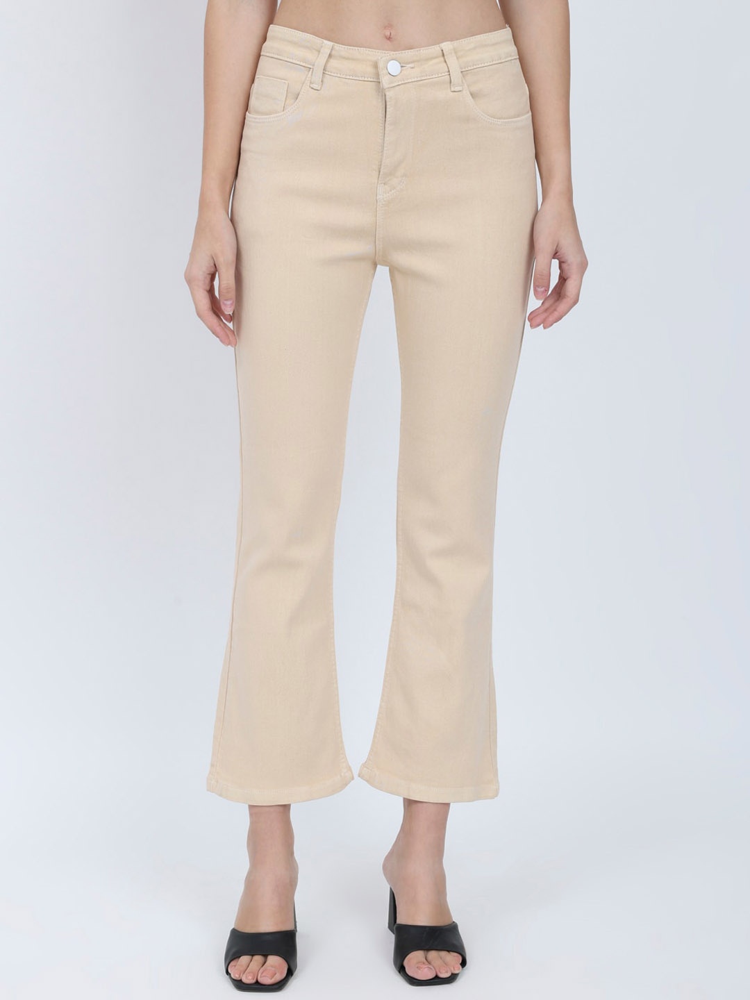 

BAESD Women Jean Bootcut High-Rise Clean Look Cotton Cropped Jeans, Beige