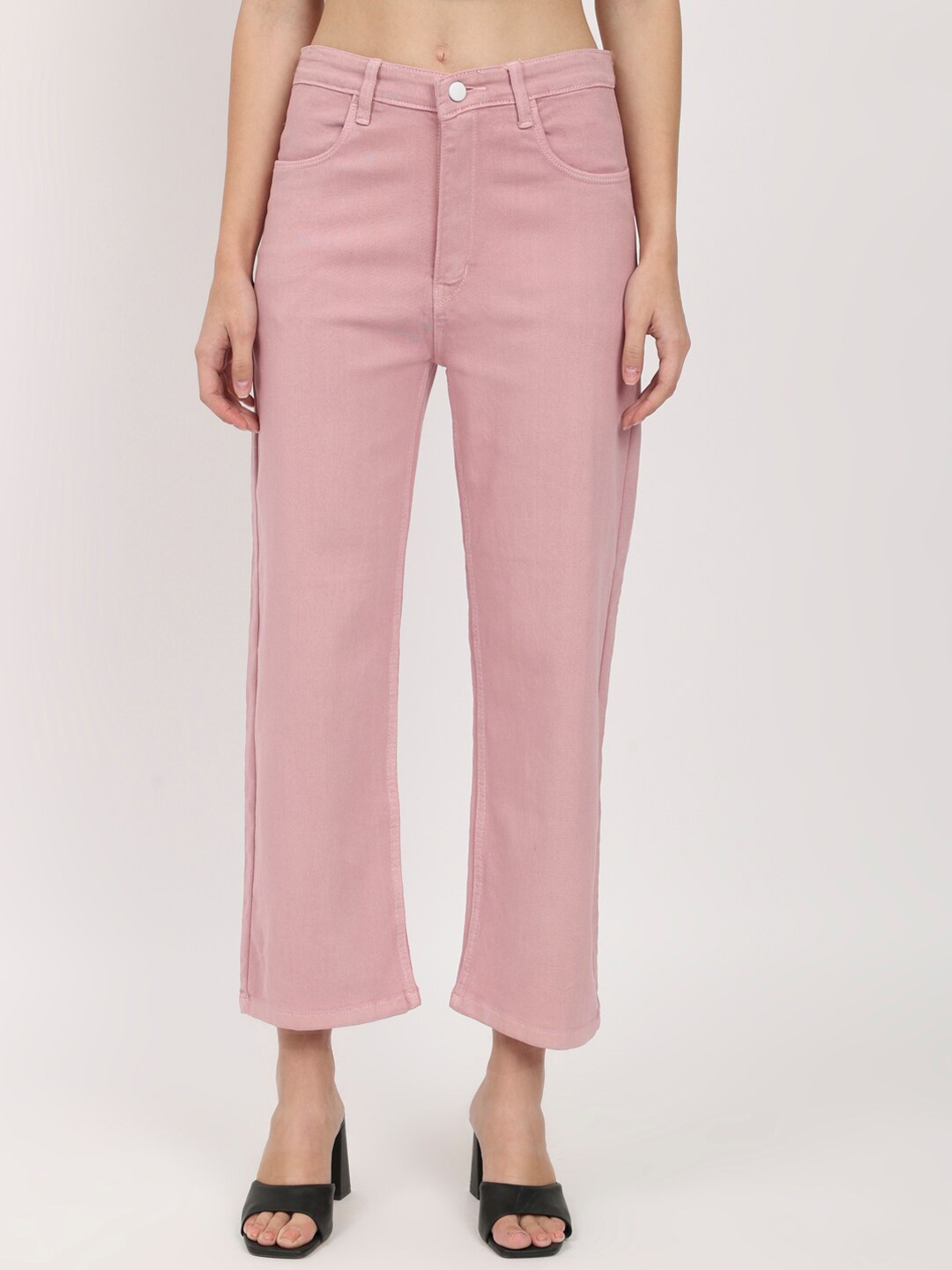 

BAESD Women Jean Straight Fit High-Rise Clean Look Cotton Cropped Jeans, Pink