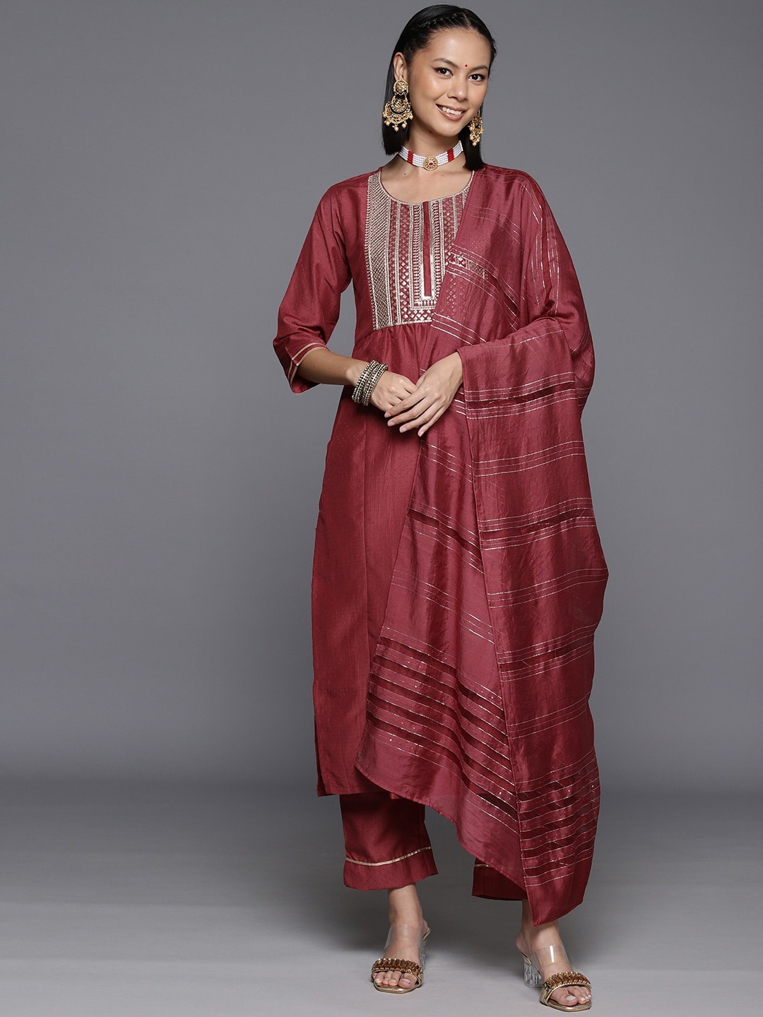 

Varanga Ethnic Motifs Yoke Design Zari Sequined Kurta with Trousers & Dupatta, Rust