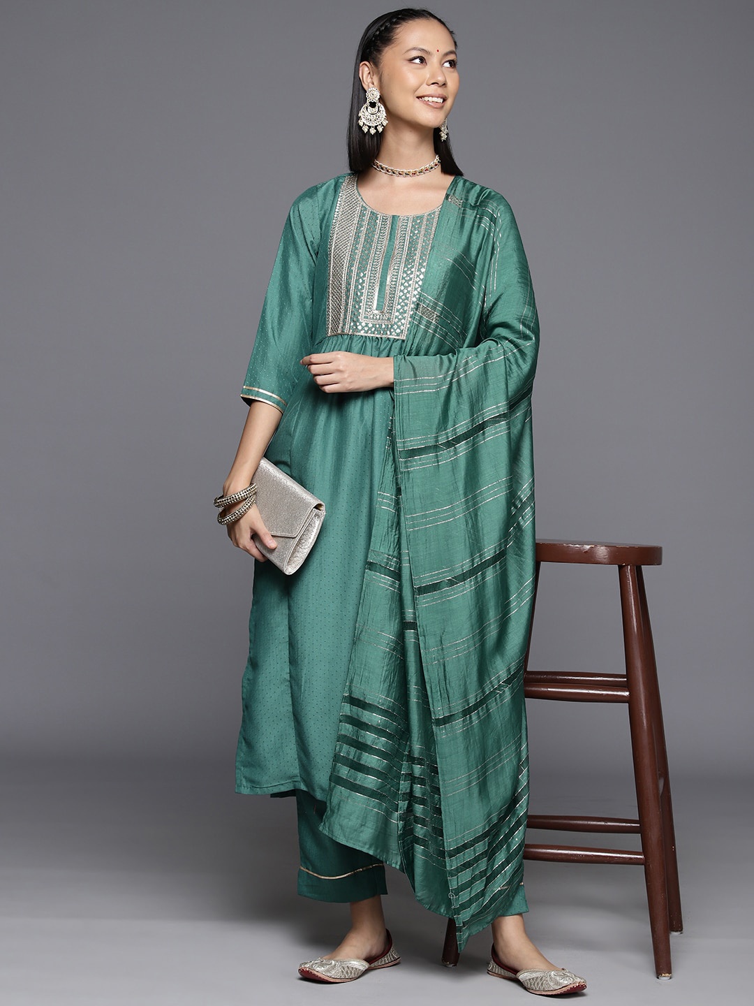 

Varanga Ethnic Motifs Yoke Design Zari Sequined Kurta with Trousers & Dupatta, Sea green