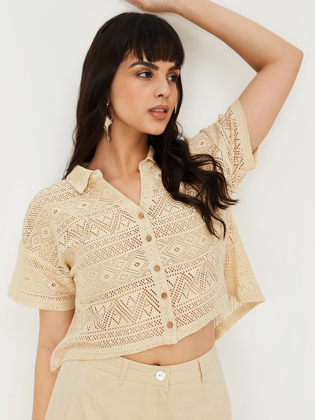 

max Self Design Spread Collar Crop Pure Cotton Casual Shirt, Beige