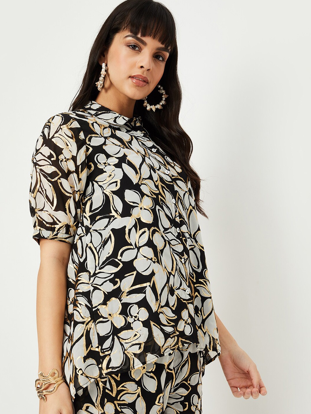 

max Floral Printed Puff Sleeves Casual Shirt, Black
