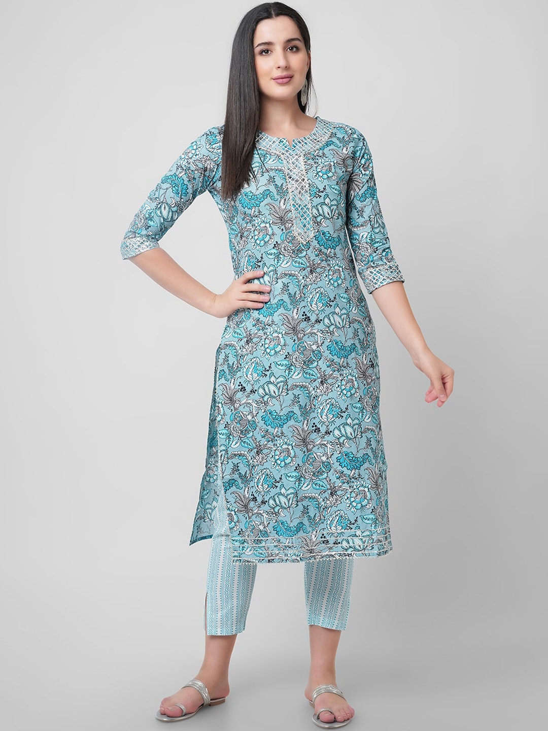 

KALINI Floral Printed Round Neck Gotta Patti Pure Cotton Kurta With Trousers, Blue