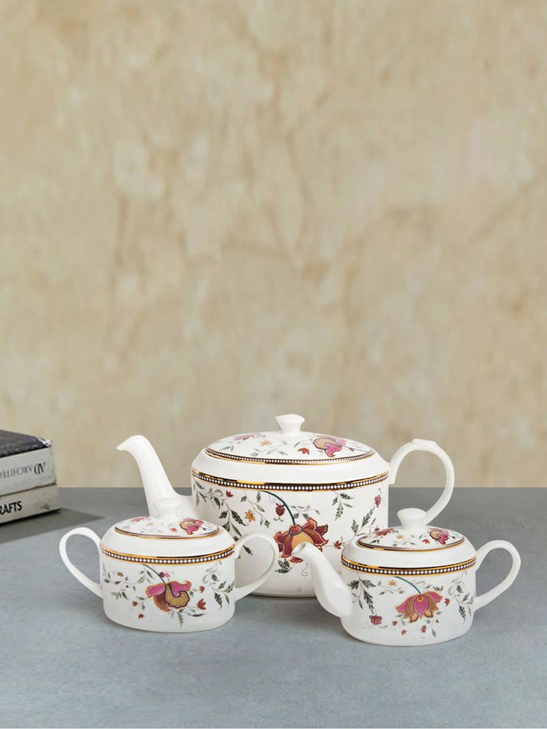 

Fabindia 3-Pcs White Printed Ceramic Kettle Set