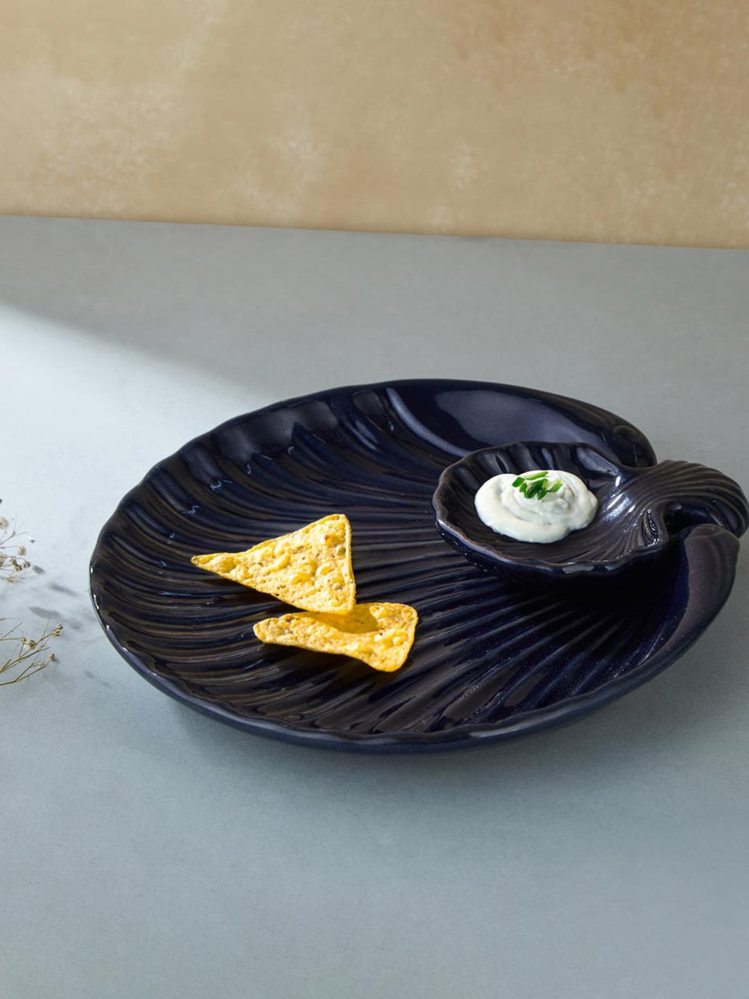 

Fabindia Phulwari Blue Textured Ceramic Glazed Chip & Dip Platter